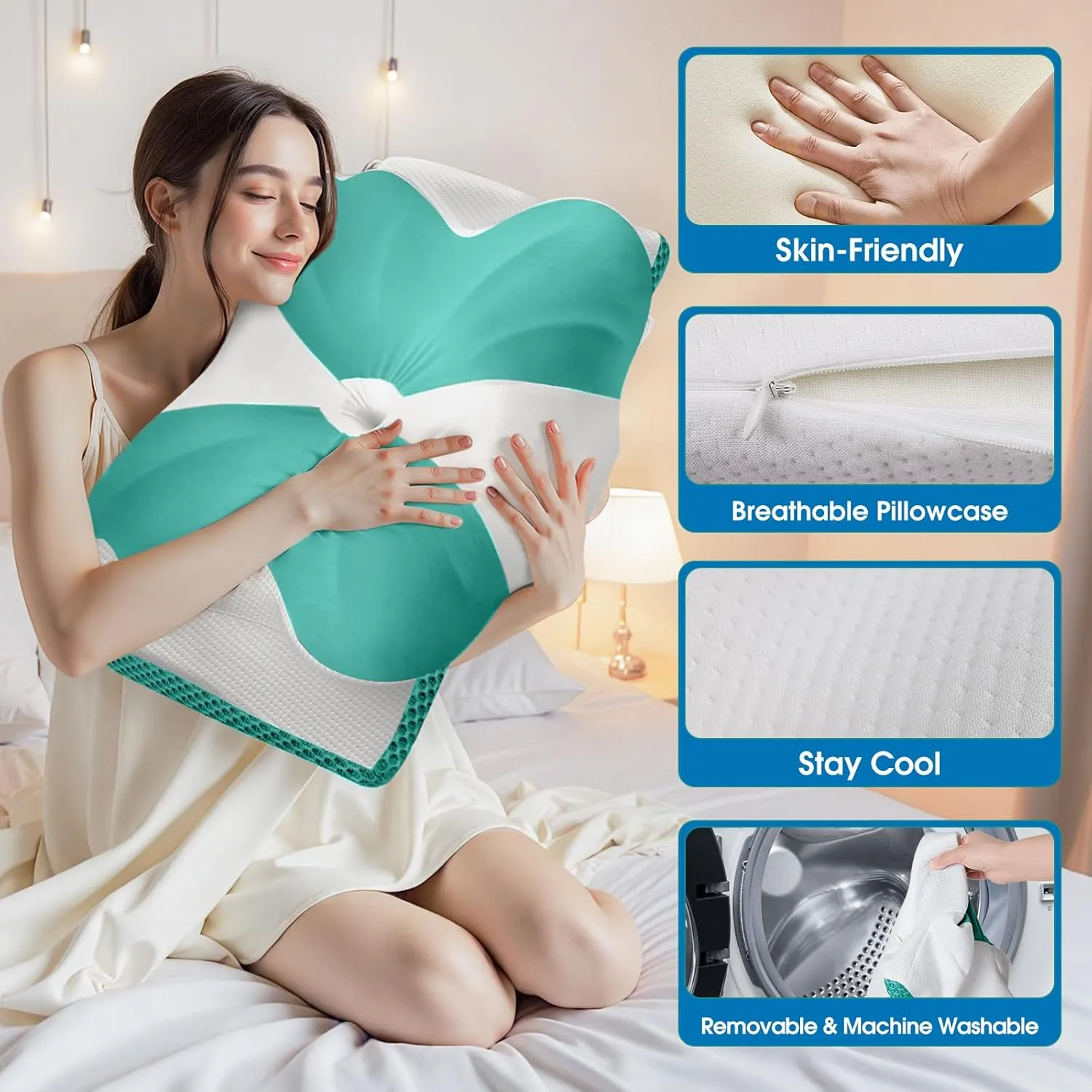 CloudBliss Cervical Memory Foam Pillow for Neck and Shoulder, Contour Neck Support Pillow with Cooling Case, Ergonomic Bed Pillow, Support for Side Back Stomach Sleepers (Green, Queen Size)