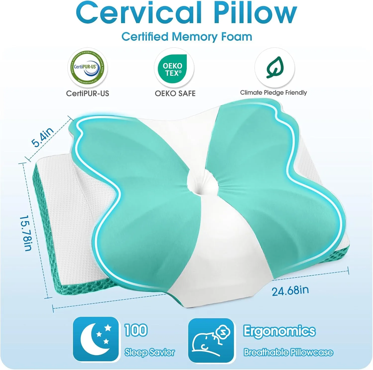 CloudBliss Cervical Memory Foam Pillow for Neck and Shoulder, Contour Neck Support Pillow with Cooling Case, Ergonomic Bed Pillow, Support for Side Back Stomach Sleepers (Green, Queen Size)