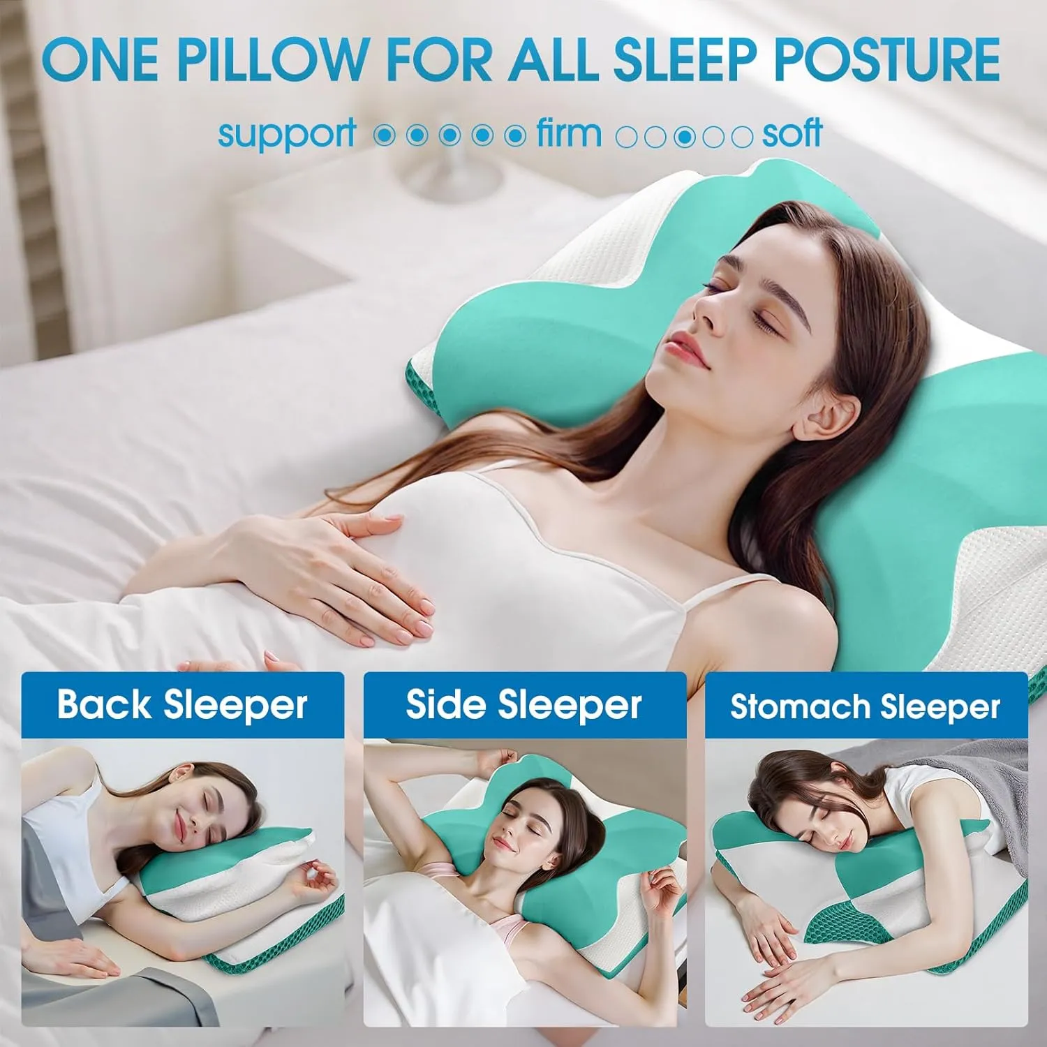 CloudBliss Cervical Memory Foam Pillow for Neck and Shoulder, Contour Neck Support Pillow with Cooling Case, Ergonomic Bed Pillow, Support for Side Back Stomach Sleepers (Green, Queen Size)