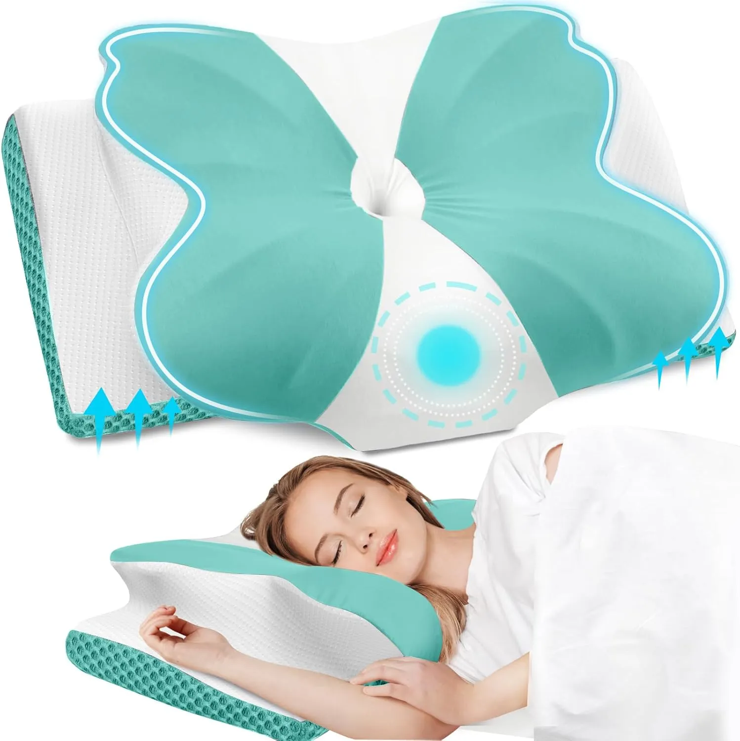 CloudBliss Cervical Memory Foam Pillow for Neck and Shoulder, Contour Neck Support Pillow with Cooling Case, Ergonomic Bed Pillow, Support for Side Back Stomach Sleepers (Green, Queen Size)