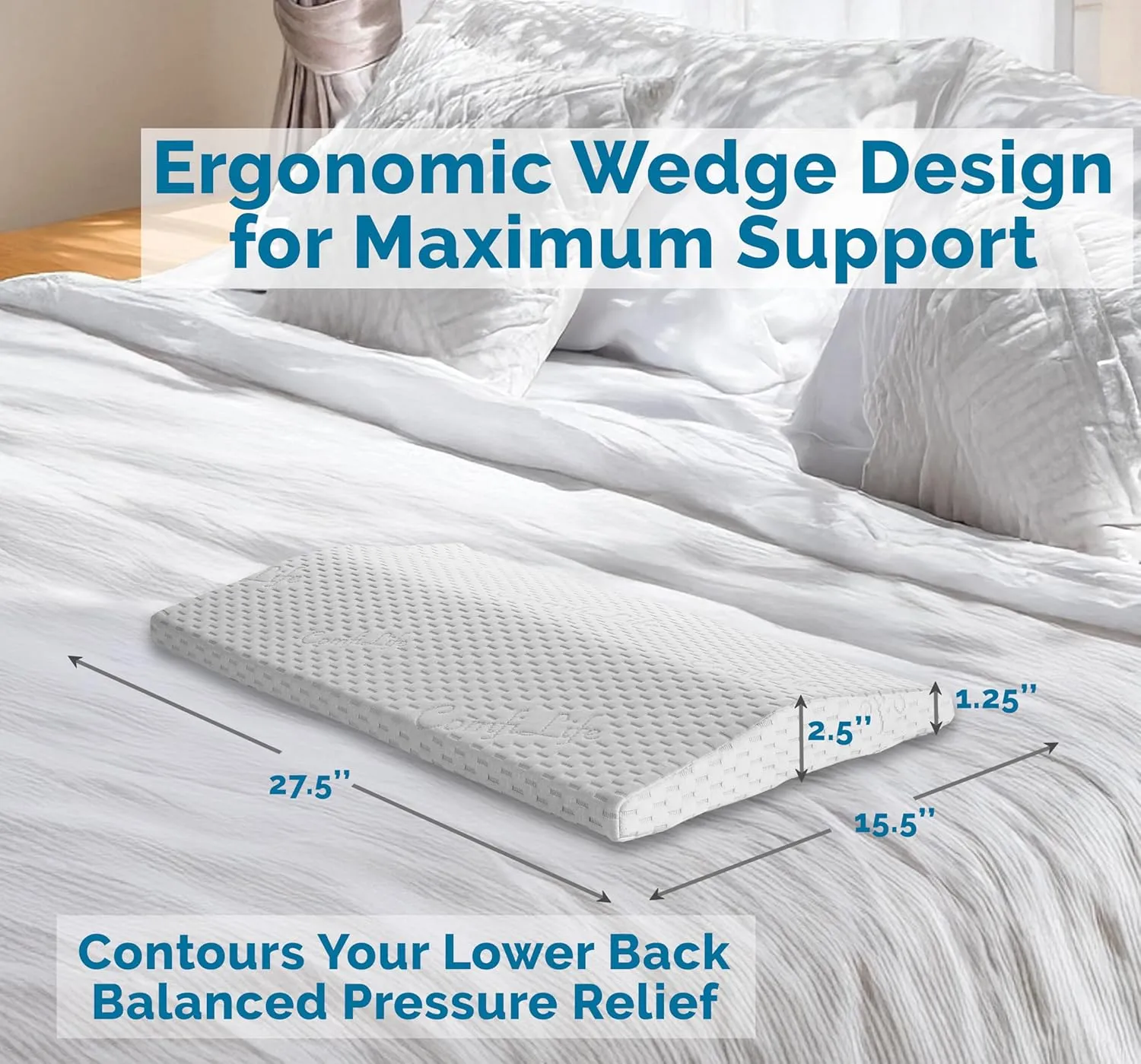 ComfiLife Lumbar Support Pillow for Sleeping Memory Foam Pillow for Back Pain Relief - Side, Back and Stomach Sleepers- Triangle Wedge Bolster Pillow - Bed Rest Pillow (White, Standard)
