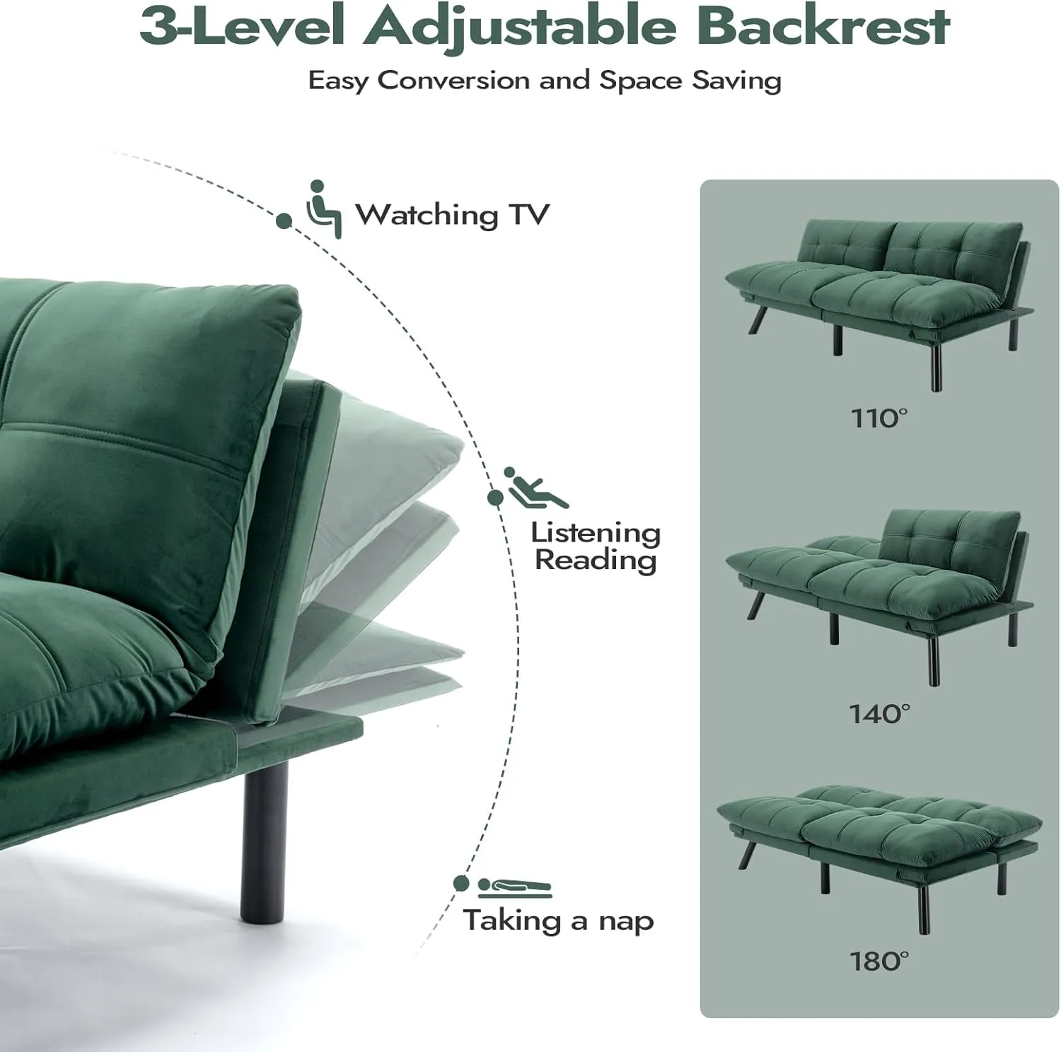 Comfortable Futon Sofa Bed, Memory Foam Loveseat, Convertible Adjustable Sofa Bed CouchSuitable for Office, Home, and Bedroom (Green)