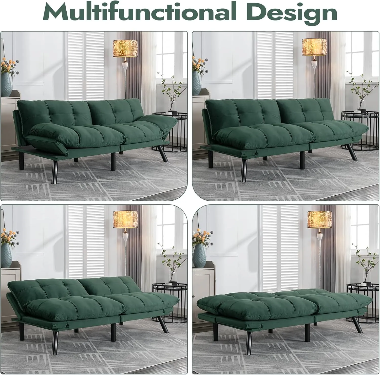 Comfortable Futon Sofa Bed, Memory Foam Loveseat, Convertible Adjustable Sofa Bed CouchSuitable for Office, Home, and Bedroom (Green)