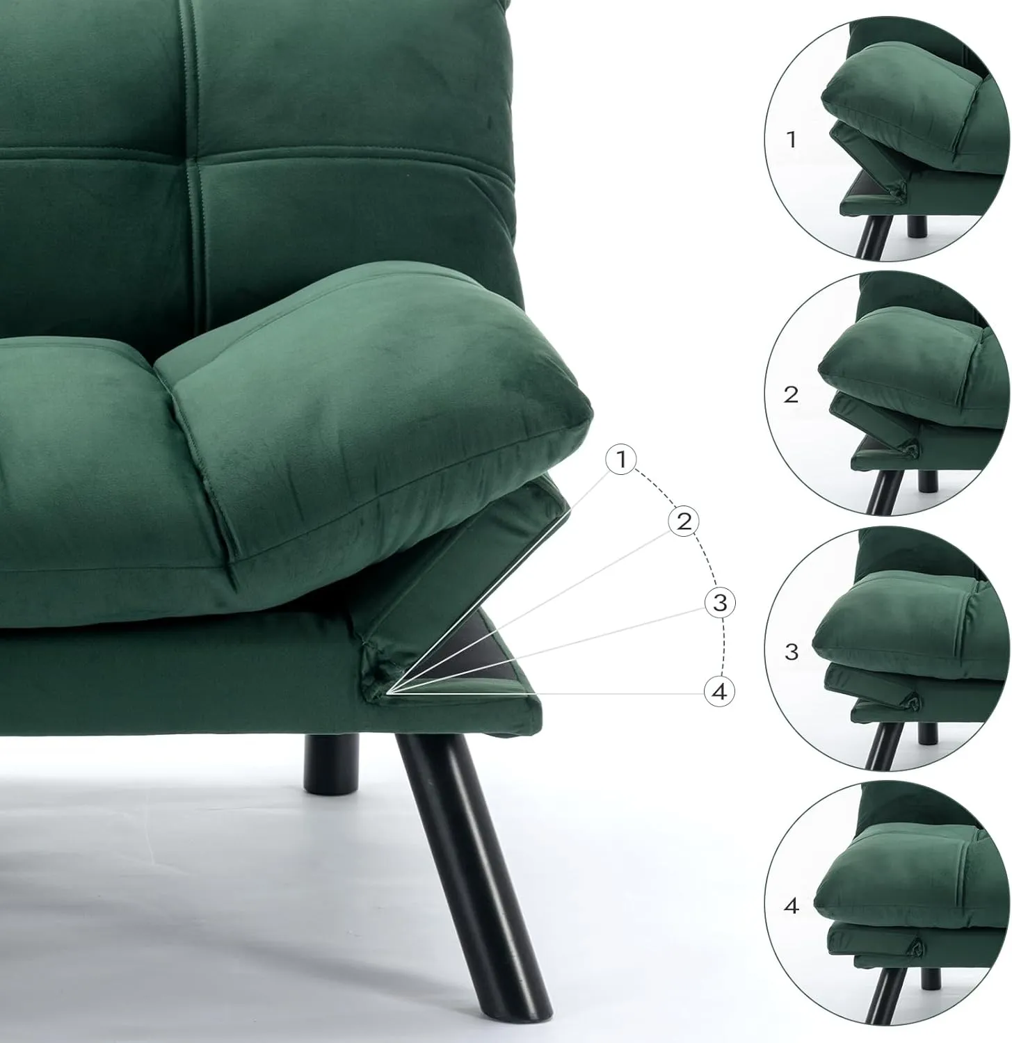 Comfortable Futon Sofa Bed, Memory Foam Loveseat, Convertible Adjustable Sofa Bed CouchSuitable for Office, Home, and Bedroom (Green)
