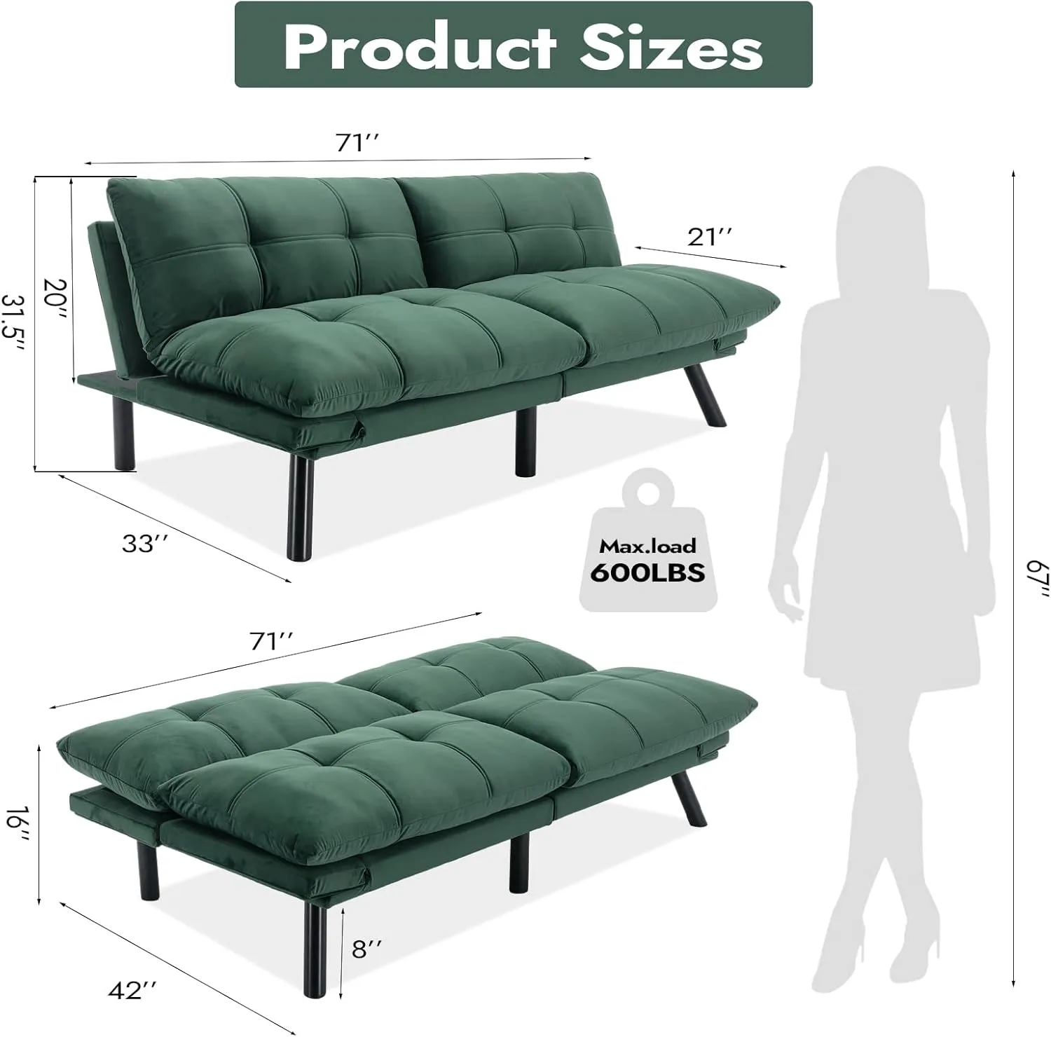 Comfortable Futon Sofa Bed, Memory Foam Loveseat, Convertible Adjustable Sofa Bed CouchSuitable for Office, Home, and Bedroom (Green)