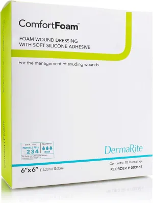 ComfortFoam Foam Wound Dressing, 6” x 6”, 10 Pack, Soft Silicone Adhesive, Highly Absorbent, Latex Free, Self-Adherent, Flexible, Cut to Fit
