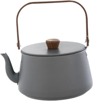 Compact Aluminum Alloy Kettle with Wood Handle for Outdoor Use, Grey