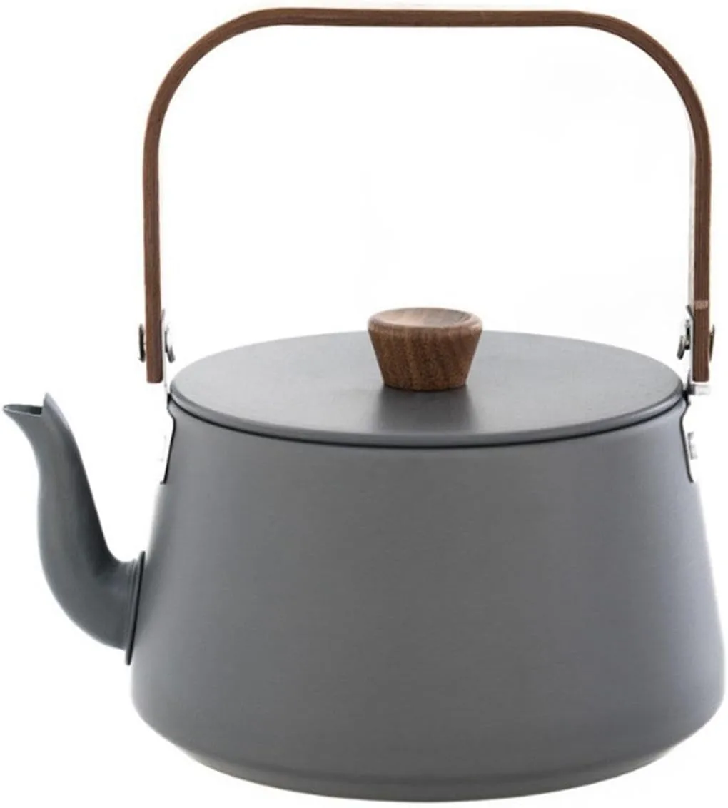Compact Aluminum Alloy Kettle with Wood Handle for Outdoor Use, Grey