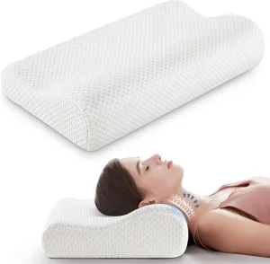 Contour Memory Foam Pillow, Ergonomic Cervical Neck Pillow, Orthopedic Pillows for Side Back Stomach Sleeper, Neck Support Pillow for Sleeping with Cooling Pillowcase