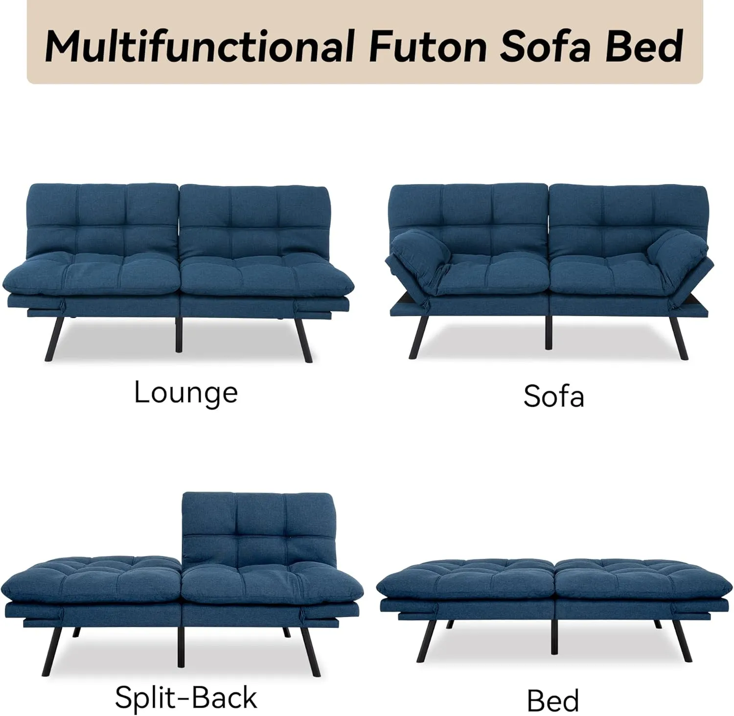 Convertible Sofa Couch,71" Memory Foam Futon Couch,Adjustable Backrest,Linen Folding Small Loveseat Sleeper Sofa Bed for Living Room, RV, Office, Apartment, Classic Blue