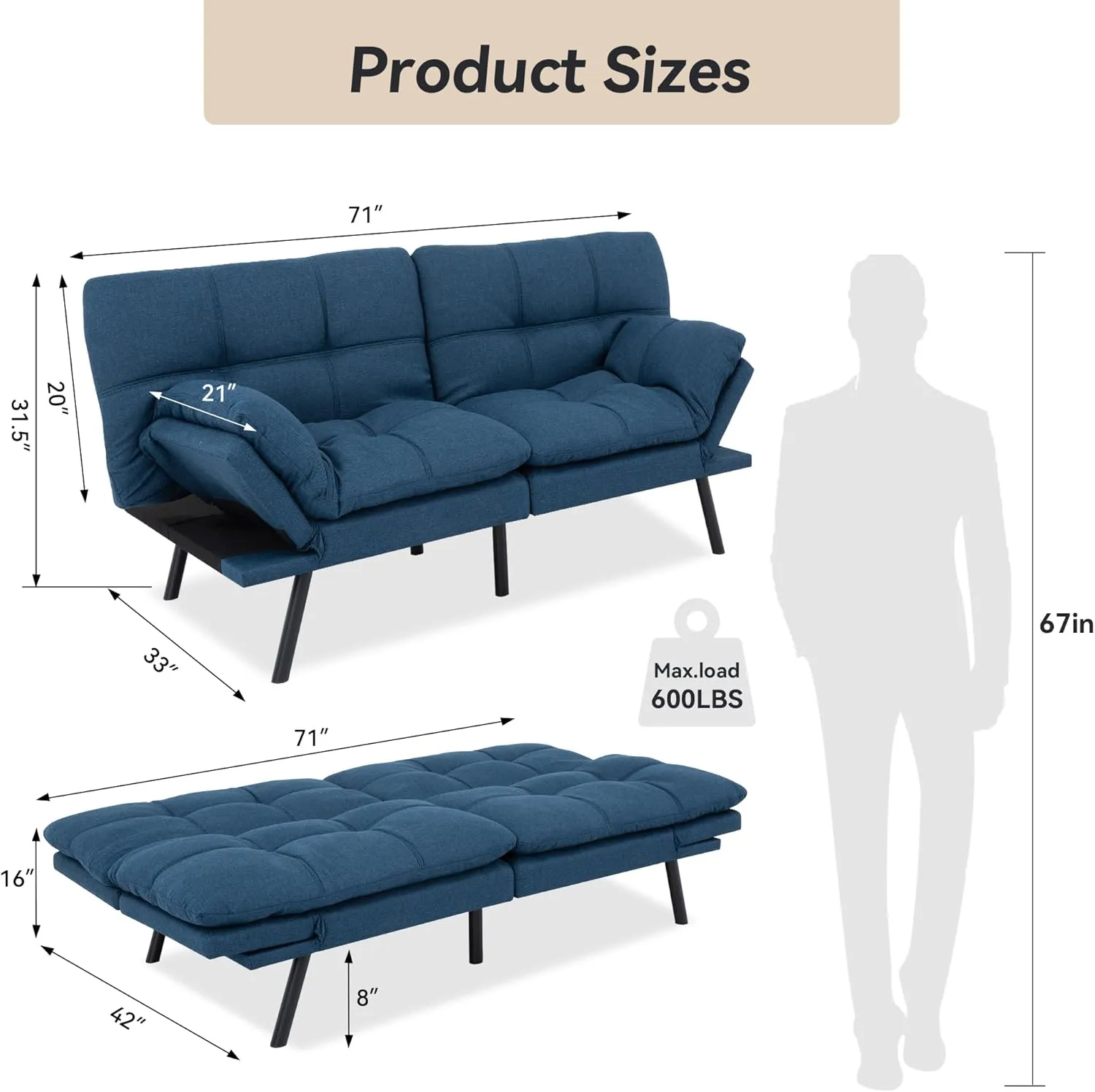 Convertible Sofa Couch,71" Memory Foam Futon Couch,Adjustable Backrest,Linen Folding Small Loveseat Sleeper Sofa Bed for Living Room, RV, Office, Apartment, Classic Blue