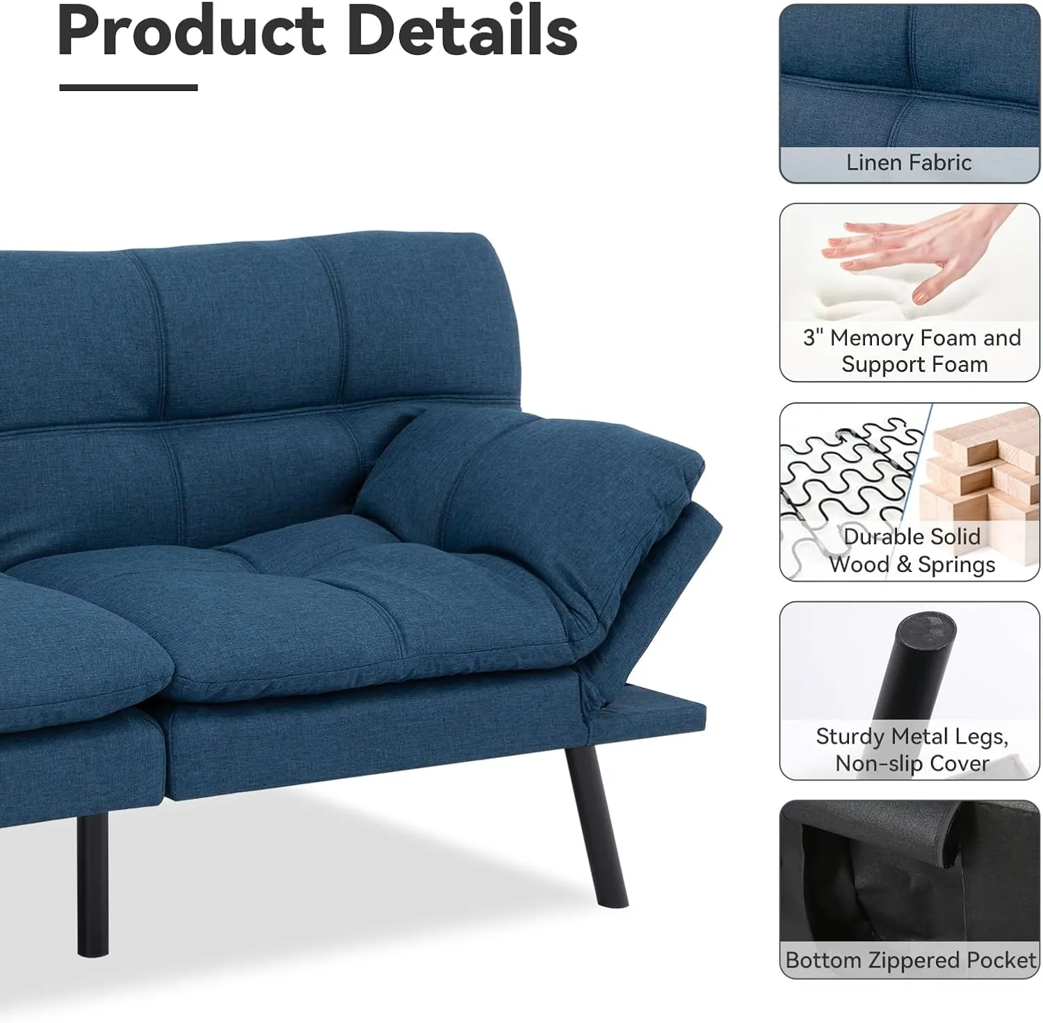 Convertible Sofa Couch,71" Memory Foam Futon Couch,Adjustable Backrest,Linen Folding Small Loveseat Sleeper Sofa Bed for Living Room, RV, Office, Apartment, Classic Blue