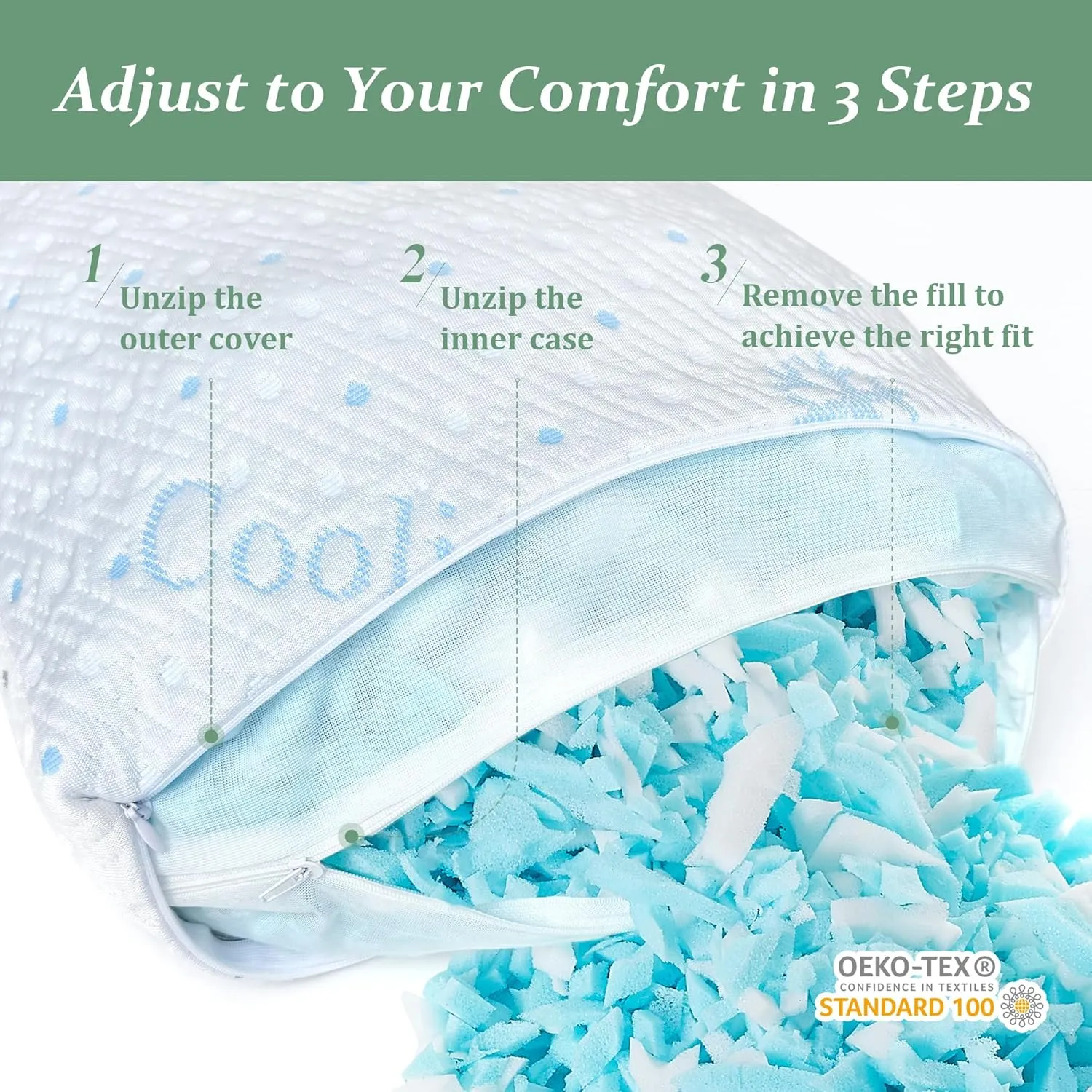 Cooling Body Pillow with Pillowcase, Adjustable Shredded Memory Foam Pregnancy Long Full Bed Body Pillows for Adults Side Sleeper - with Washable Soft Cooling Double-Sided Cover, 20x54 inch