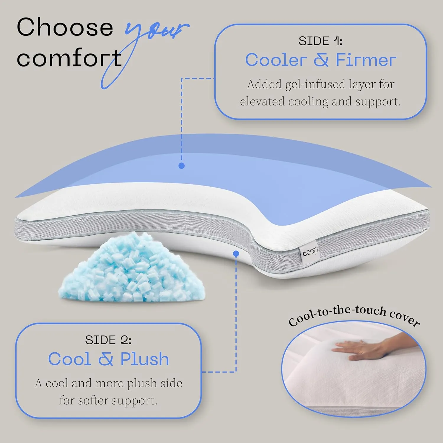 Coop Home Goods Cool  Crescent Adjustable Pillow, Queen Size Plus Shaped Memory Foam Pillows with Cooling Gel, Neck Support, Back or Side Sleeper Pillow, CertiPUR US/GREENGUARD Gold