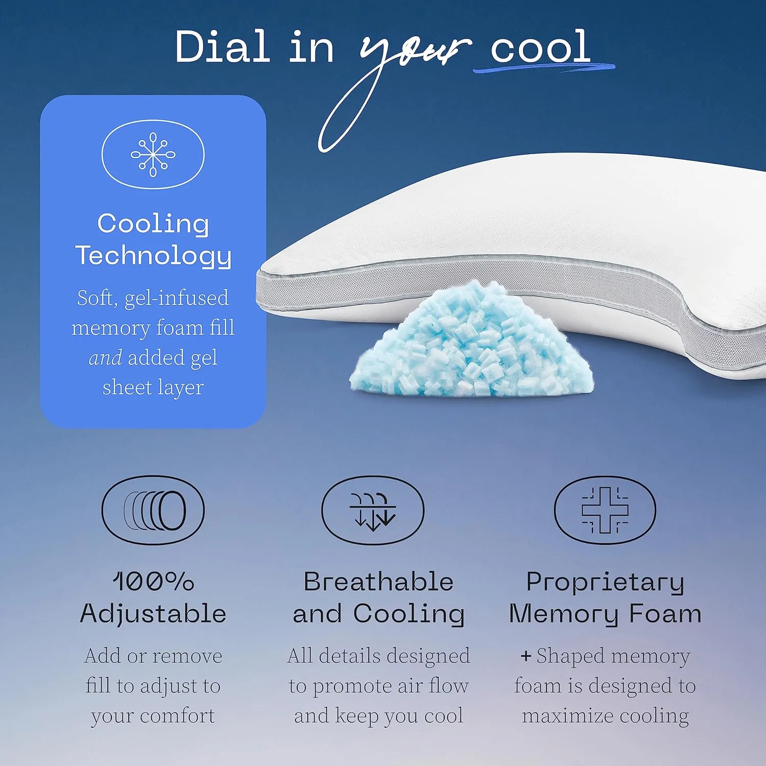 Coop Home Goods Cool  Crescent Adjustable Pillow, Queen Size Plus Shaped Memory Foam Pillows with Cooling Gel, Neck Support, Back or Side Sleeper Pillow, CertiPUR US/GREENGUARD Gold