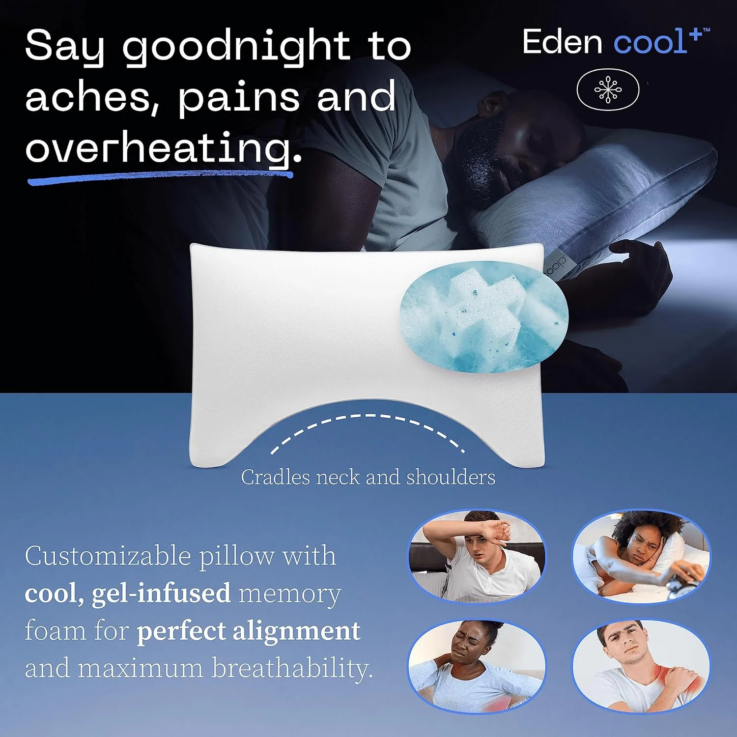Coop Home Goods Cool  Crescent Adjustable Pillow, Queen Size Plus Shaped Memory Foam Pillows with Cooling Gel, Neck Support, Back or Side Sleeper Pillow, CertiPUR US/GREENGUARD Gold