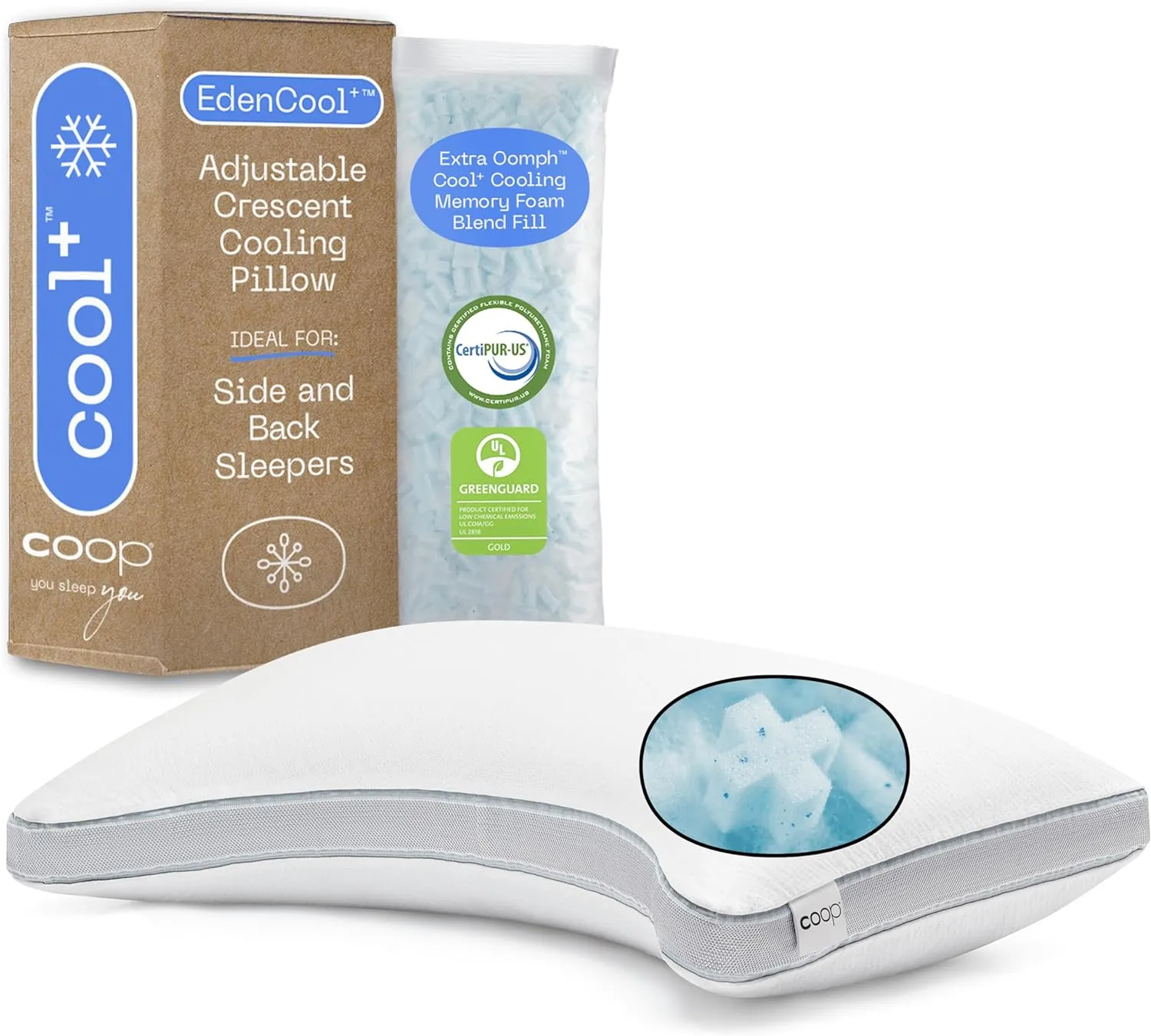 Coop Home Goods Cool  Crescent Adjustable Pillow, Queen Size Plus Shaped Memory Foam Pillows with Cooling Gel, Neck Support, Back or Side Sleeper Pillow, CertiPUR US/GREENGUARD Gold