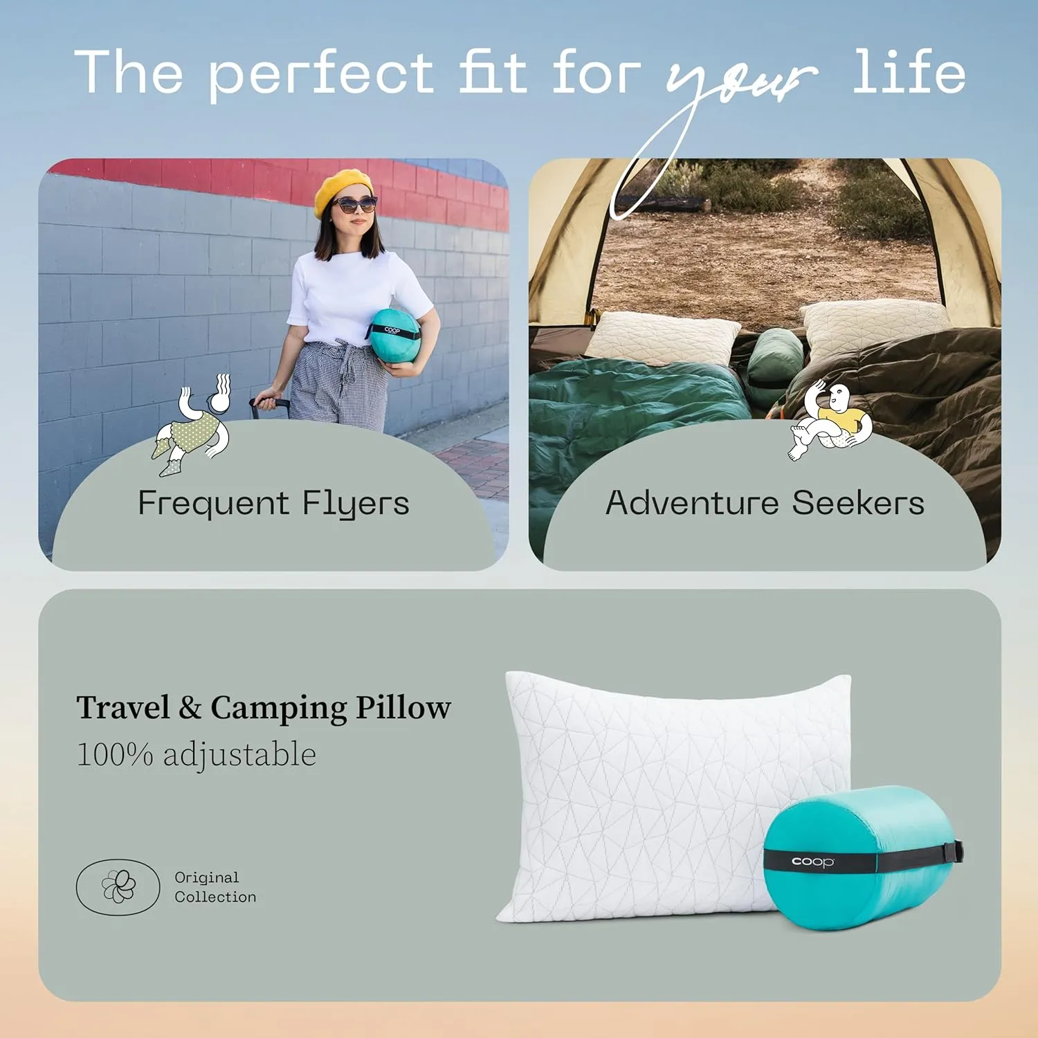 Coop Home Goods Original Travel and Camping Adjustable Pillow, Small Camping Pillow with Compressible Stuff Sack, Medium-Firm Memory Foam with Lulltra Washable Cover, CertiPUR-US Certified (19x13)