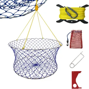 Crab Ring Trap Kit – Heavy-Duty Crab Net with 100ft Rope, Bait Bag, Clip & Ruler – 24” Stainless Steel Two-Ring Crab Trap for Dock & Pier Crabbing – Complete Recreational Crabbing Gear