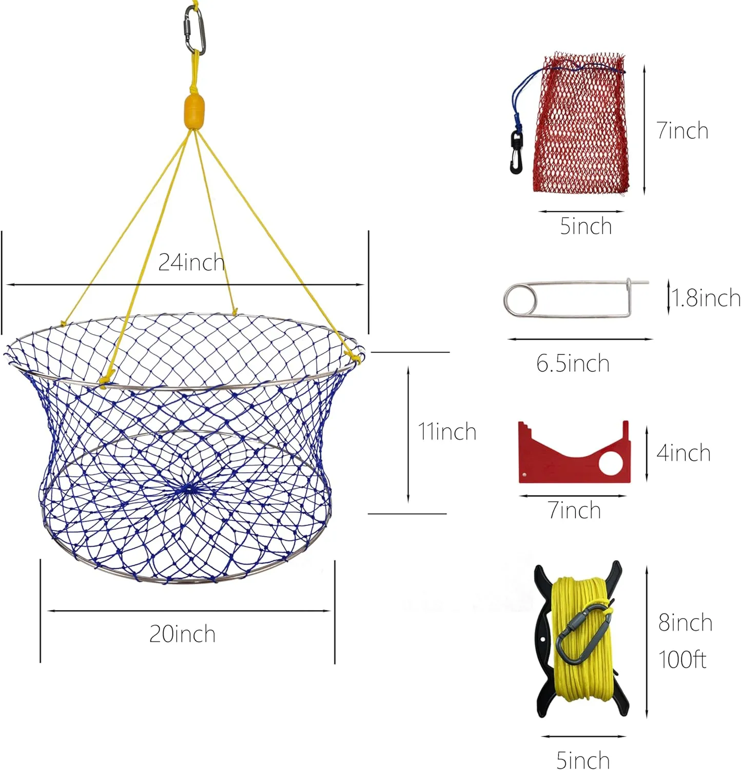 Crab Ring Trap Kit – Heavy-Duty Crab Net with 100ft Rope, Bait Bag, Clip & Ruler – 24” Stainless Steel Two-Ring Crab Trap for Dock & Pier Crabbing – Complete Recreational Crabbing Gear