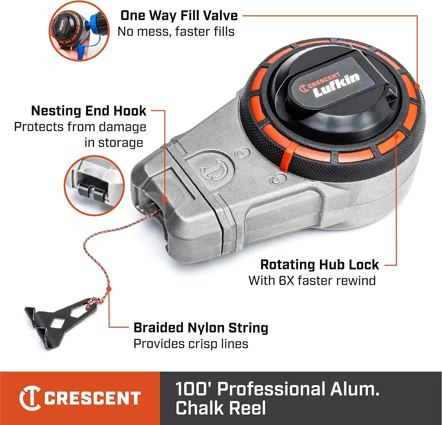 Crescent Lufkin 100' Professional Aluminum Chalk Reel with Blue Chalk, CLA100B