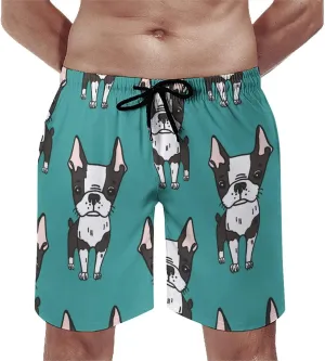 Cute Boston Terrier Men's Swim Trunks Quick Dry Beach Shorts with Mesh Lining Pockets