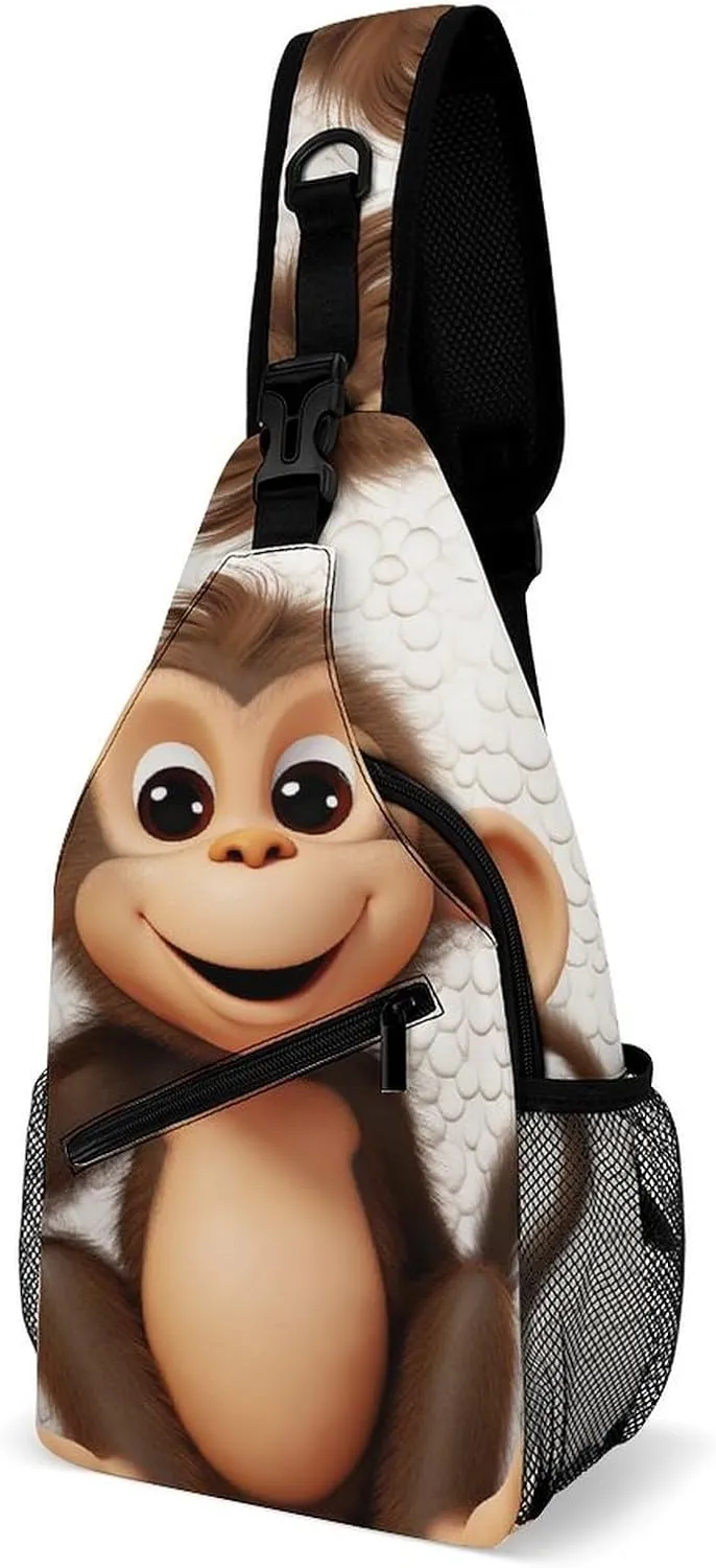 Cute Monkey Sling Bag with Rfid Blocking Causal Mens Crossbody Bag Lightweight Chest Pack Large Man Purse Travel Crossbody Backpack Shoulder Sling Backpack for Hiking Running Cycling