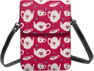 cute teacup kettle red Crossbody Cell Phone Purse for Women Girls Leather Mini Cross Body Bags Small Shoulder Bags