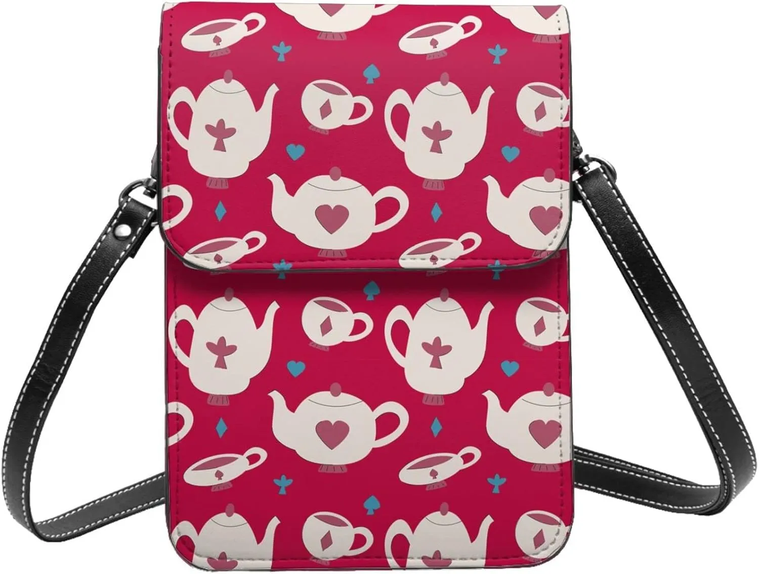 cute teacup kettle red Crossbody Cell Phone Purse for Women Girls Leather Mini Cross Body Bags Small Shoulder Bags