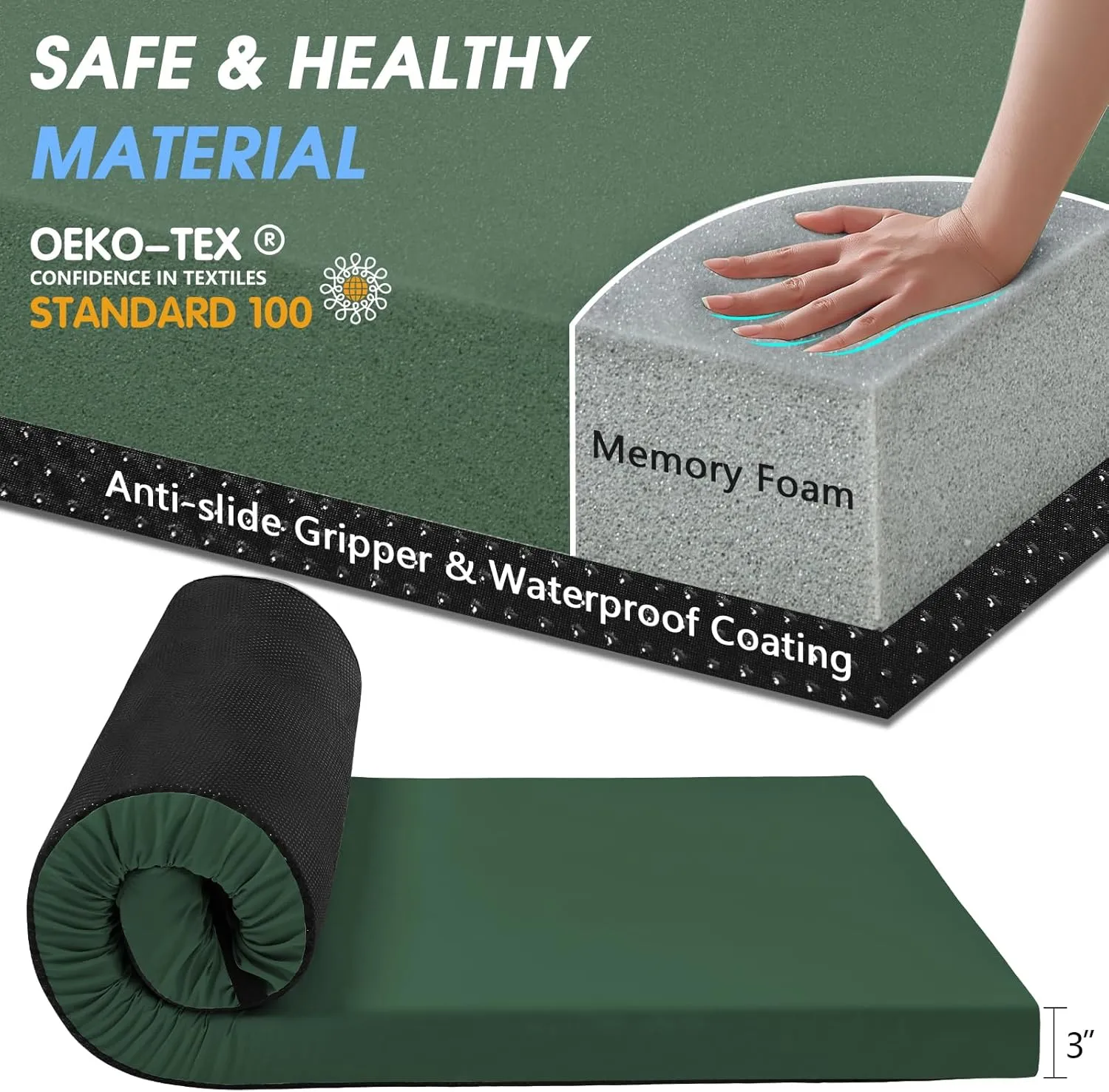CYMULA Memory Foam Camping Mattress Pad,3inch Sleeping Pad for Camping,Non-Slip Bottom Floor Cot Mattress Bed with Retaining Portable Roll up Mattress Pad Mat for Travel Truck Guest Bed Tent