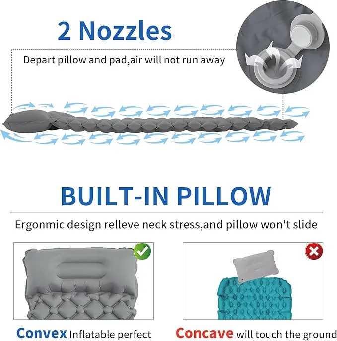 DDD Ultra-Light Inflatable Camping Sleeping Pad with its Built-in Foot Pump and Pillow - The Ultimate Camping pad, Hiking pad, Backpacking Pad and Lightweight for a Outdoor Sleep——Gray