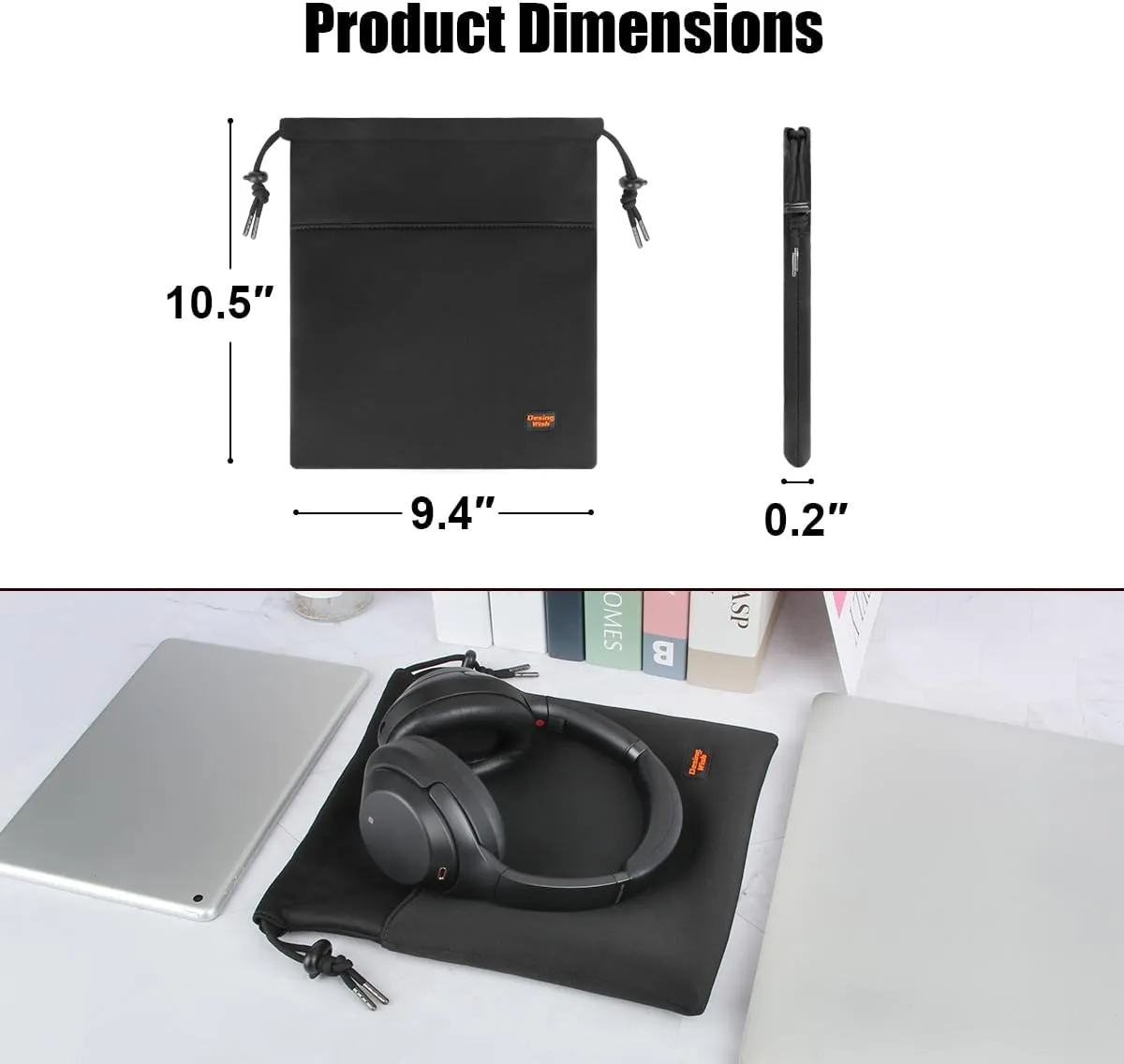 Desing Wish Lightweight Headphone Storage Bag, Portable Headset Carrying Pouch Headphone Case Bag Soft Travel Pouch for Over-Ear Headphones/Gaming Headsets/Neckband Earbuds (Large Black)