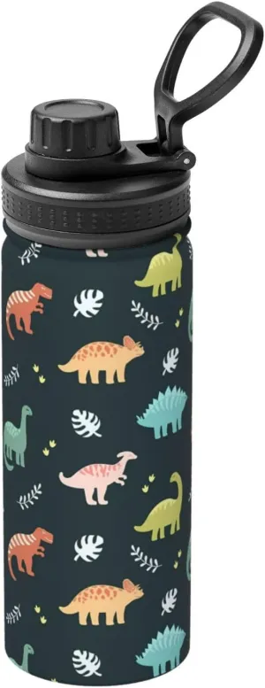 Dinosaurs and Leaves Sports Water Bottle 18 Oz Stainless Steel Sports Insulated Kettle for Travel Outdoor Gym