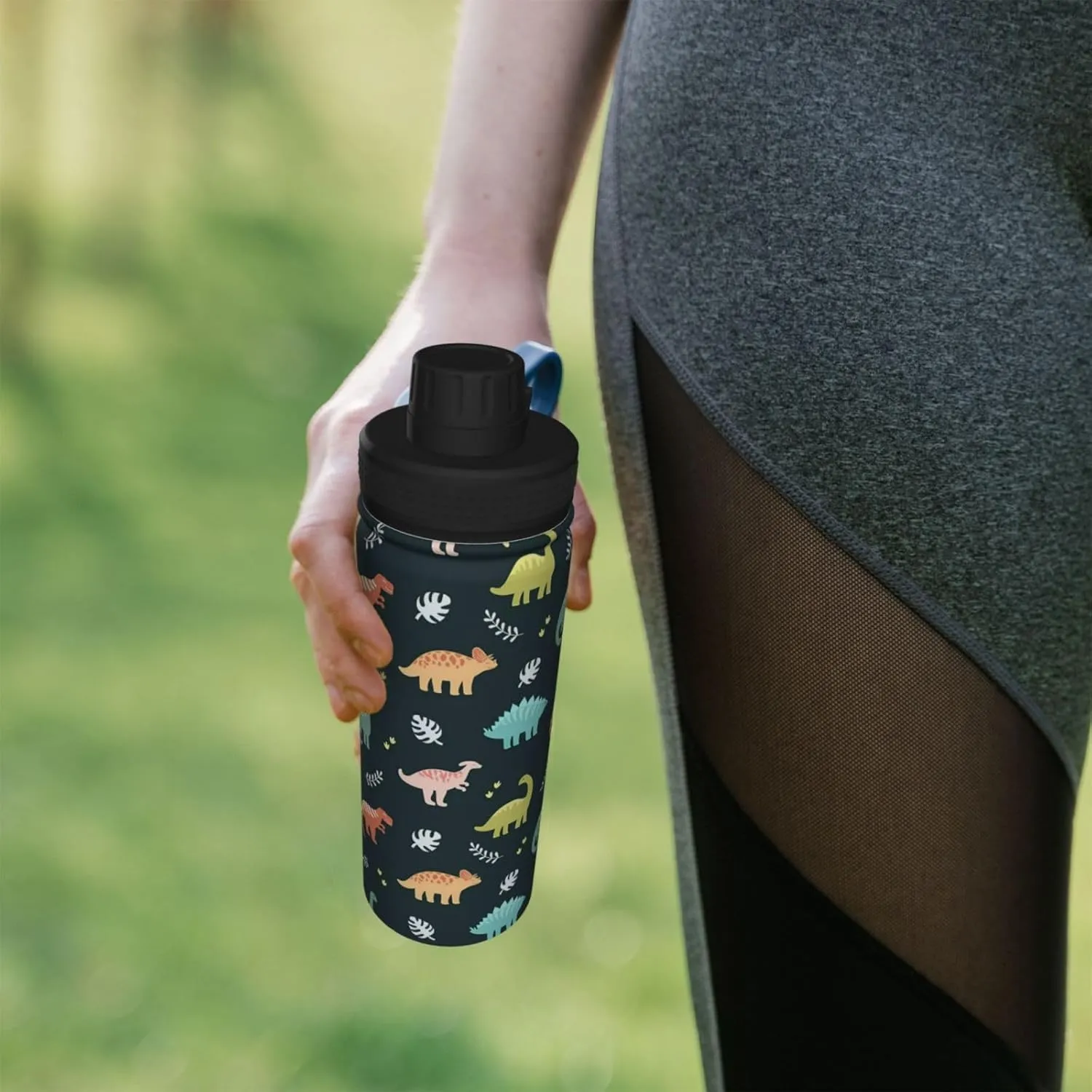 Dinosaurs and Leaves Sports Water Bottle 18 Oz Stainless Steel Sports Insulated Kettle for Travel Outdoor Gym
