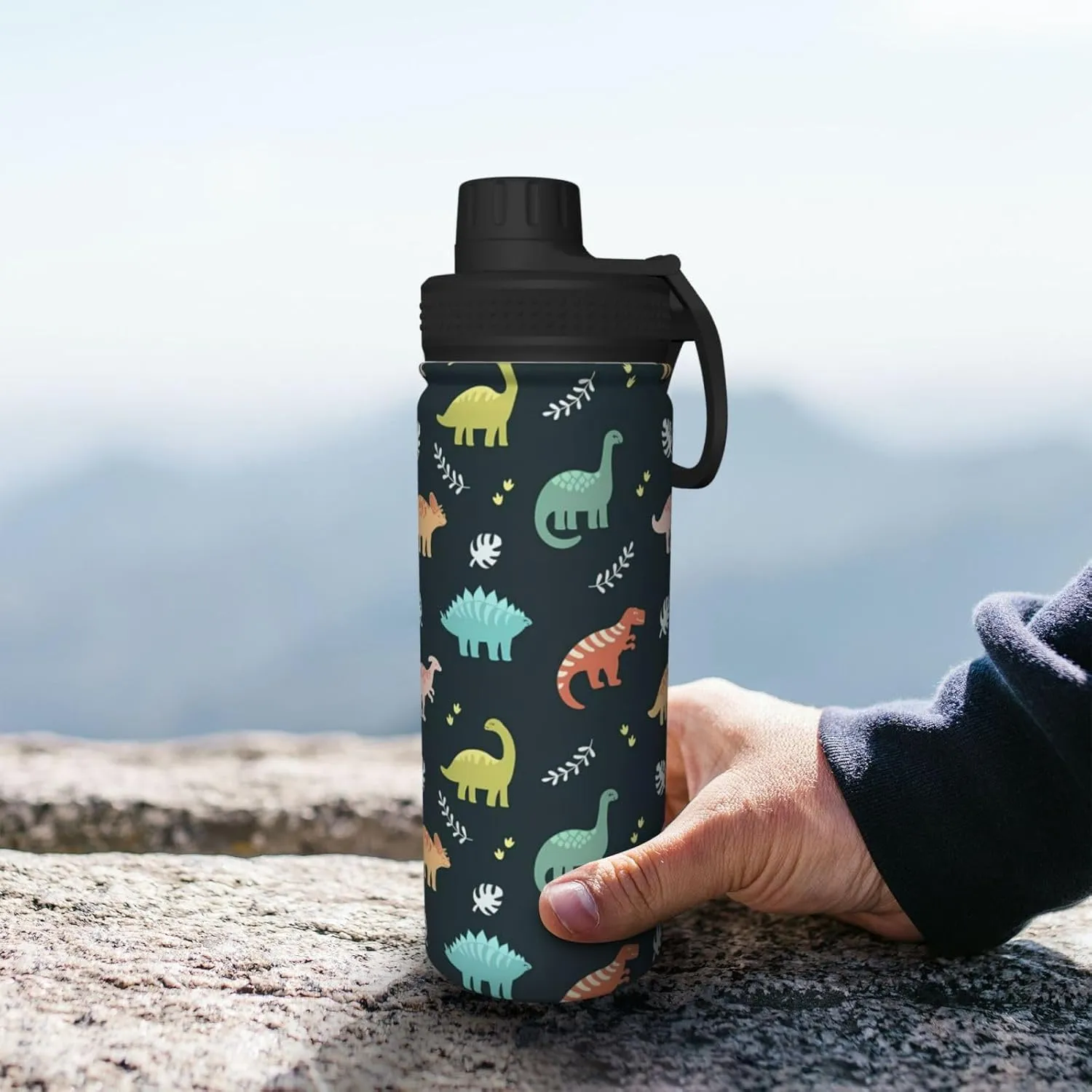 Dinosaurs and Leaves Sports Water Bottle 18 Oz Stainless Steel Sports Insulated Kettle for Travel Outdoor Gym