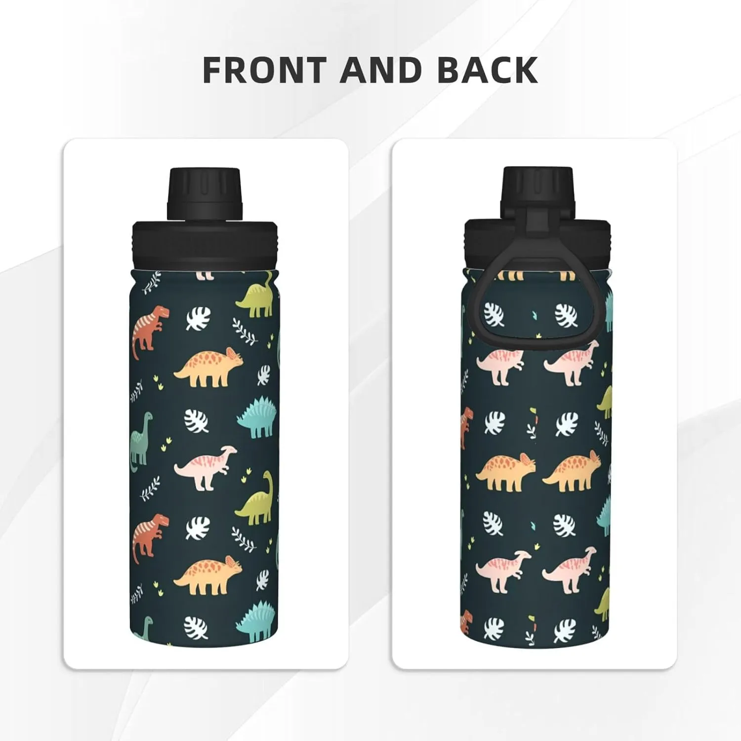 Dinosaurs and Leaves Sports Water Bottle 18 Oz Stainless Steel Sports Insulated Kettle for Travel Outdoor Gym