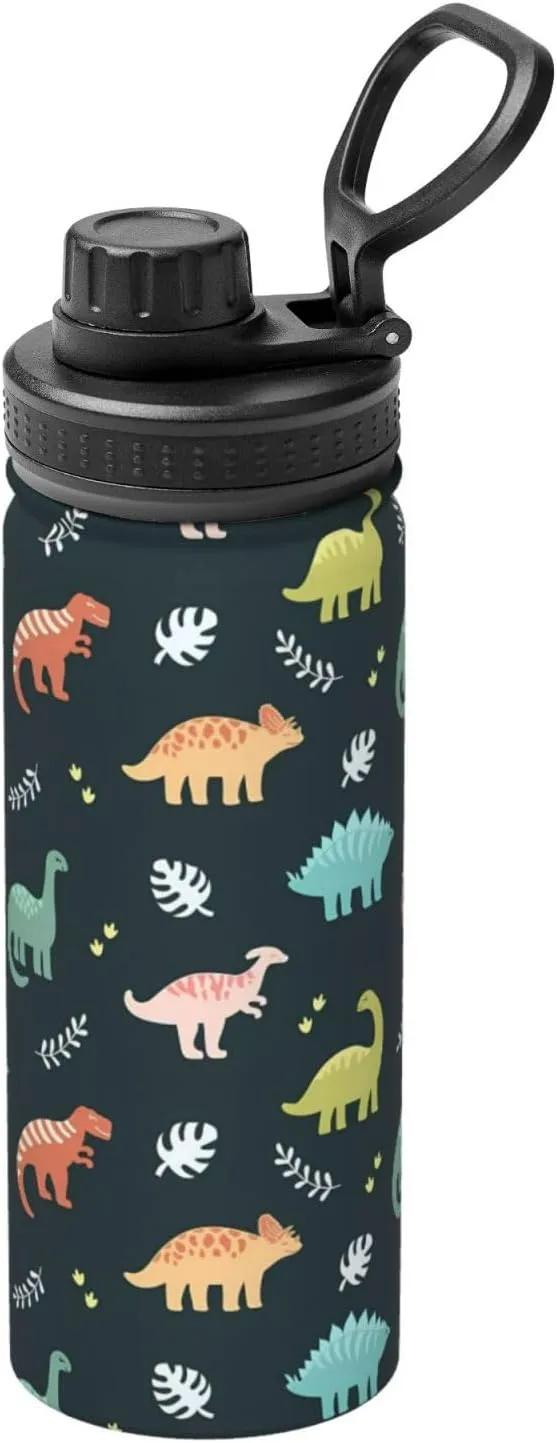 Dinosaurs and Leaves Sports Water Bottle 18 Oz Stainless Steel Sports Insulated Kettle for Travel Outdoor Gym