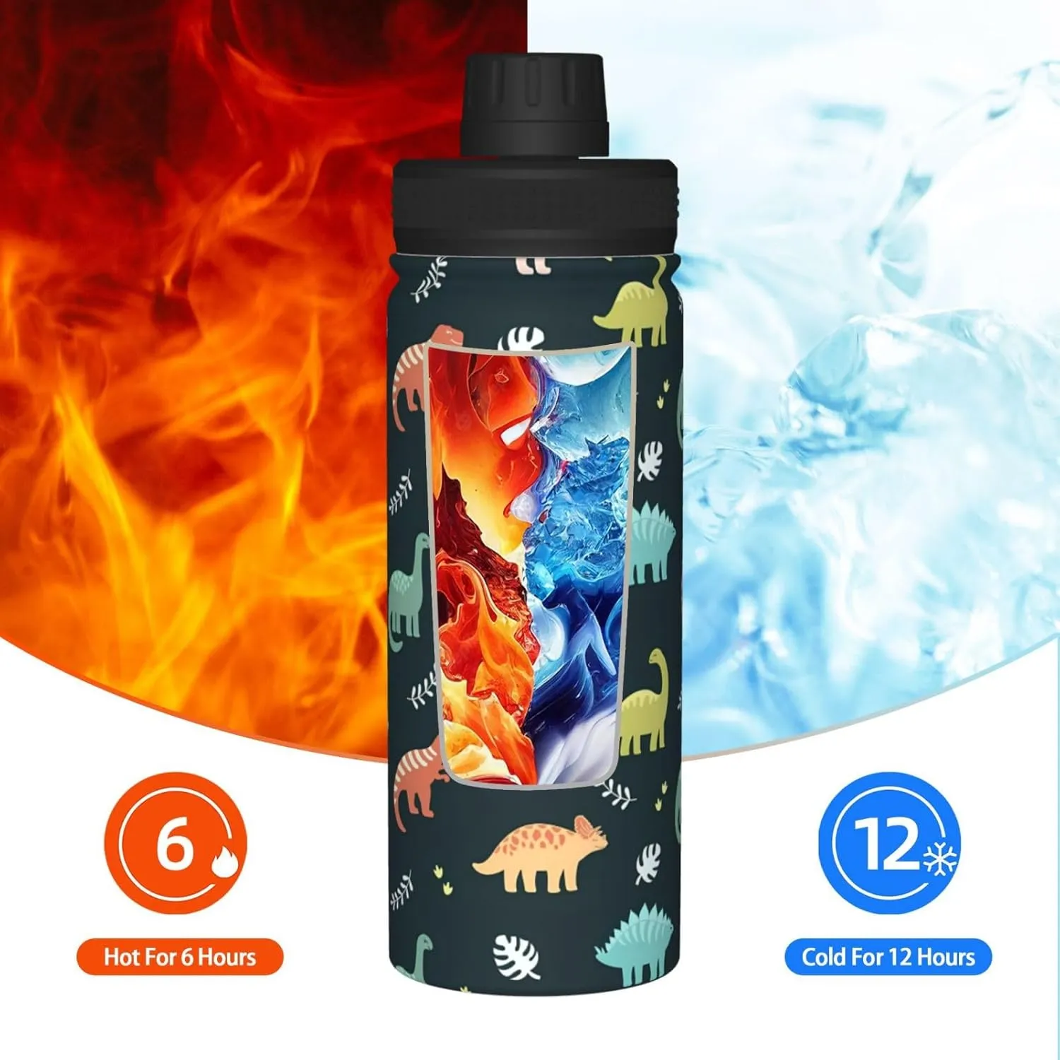 Dinosaurs and Leaves Sports Water Bottle 18 Oz Stainless Steel Sports Insulated Kettle for Travel Outdoor Gym