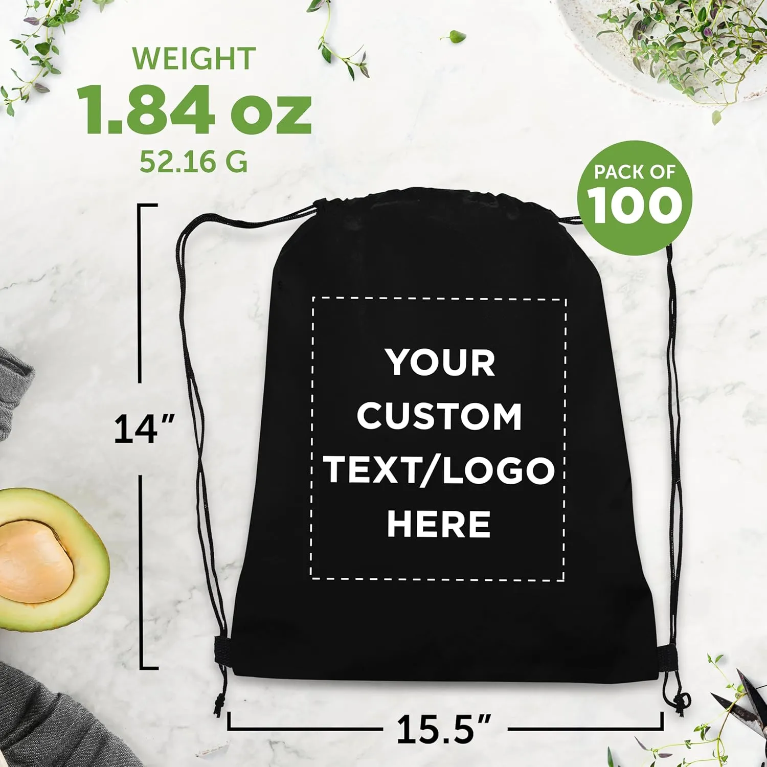 DISCOUNT PROMOS Custom Non-Woven Drawstring Backpacks Set of 100, Personalized Bulk Pack - Bring Everywhere You Go, Great for Travelling, Gym and for Everyday Use - Black