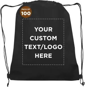 DISCOUNT PROMOS Custom Non-Woven Drawstring Backpacks Set of 100, Personalized Bulk Pack - Bring Everywhere You Go, Great for Travelling, Gym and for Everyday Use - Black