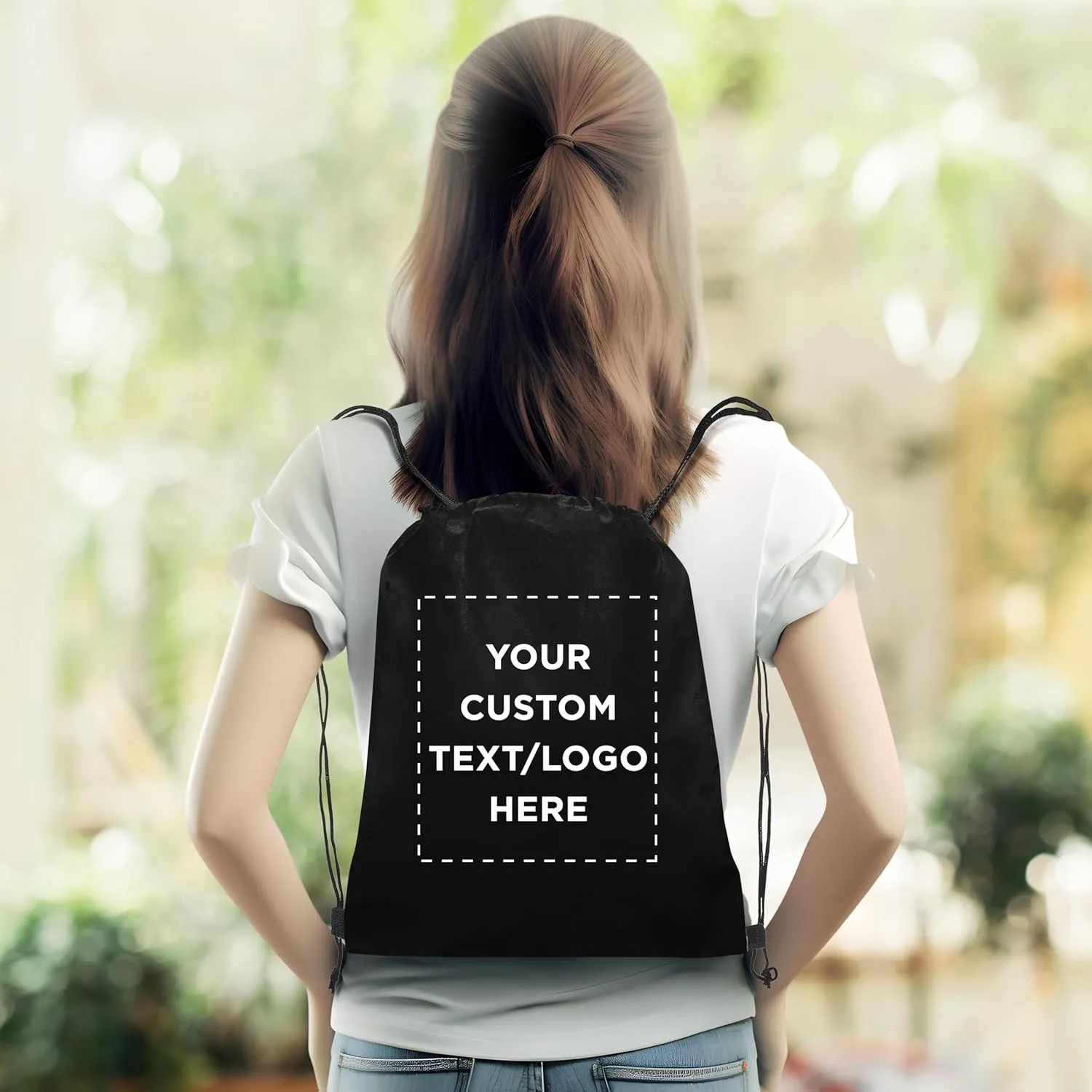 DISCOUNT PROMOS Custom Non-Woven Drawstring Backpacks Set of 100, Personalized Bulk Pack - Bring Everywhere You Go, Great for Travelling, Gym and for Everyday Use - Black