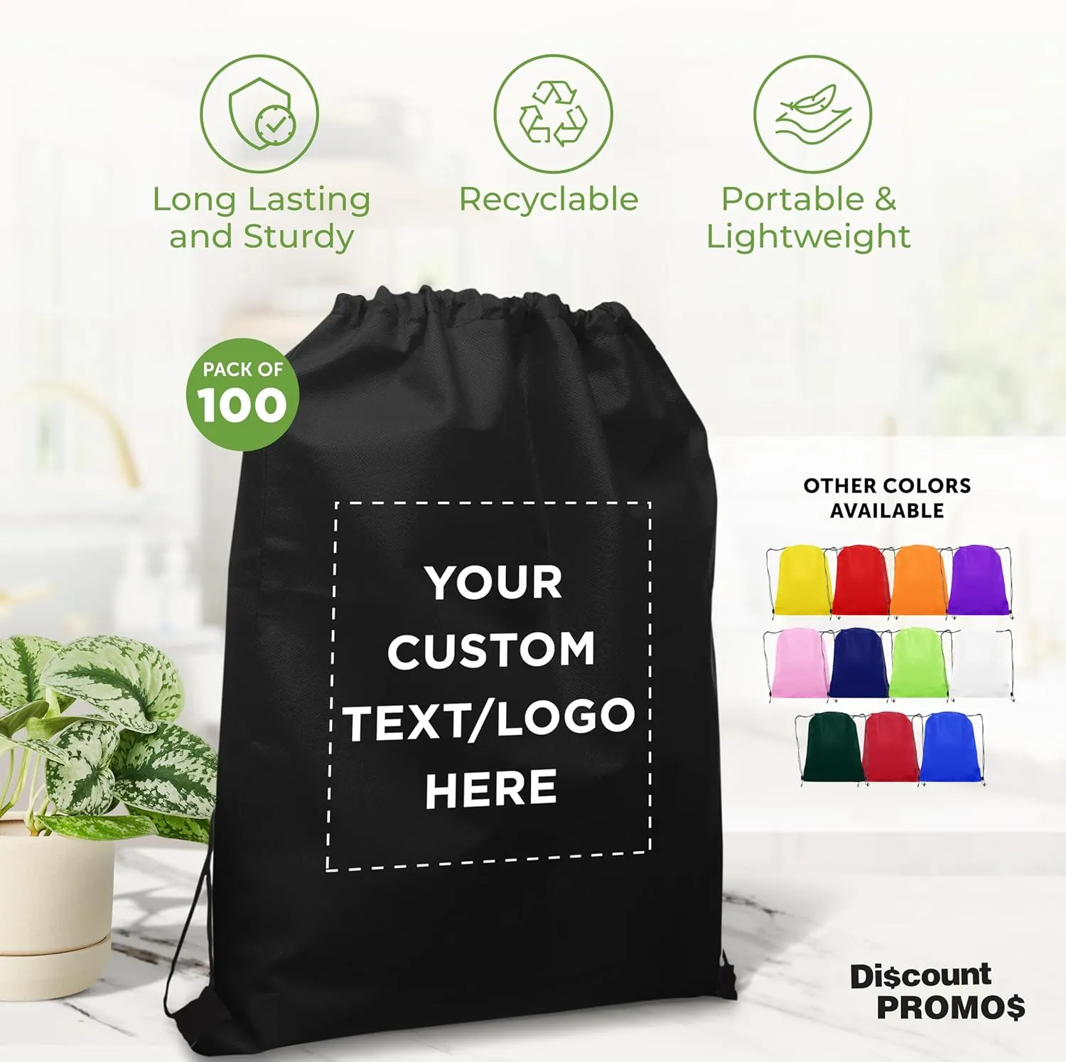 DISCOUNT PROMOS Custom Non-Woven Drawstring Backpacks Set of 100, Personalized Bulk Pack - Bring Everywhere You Go, Great for Travelling, Gym and for Everyday Use - Black