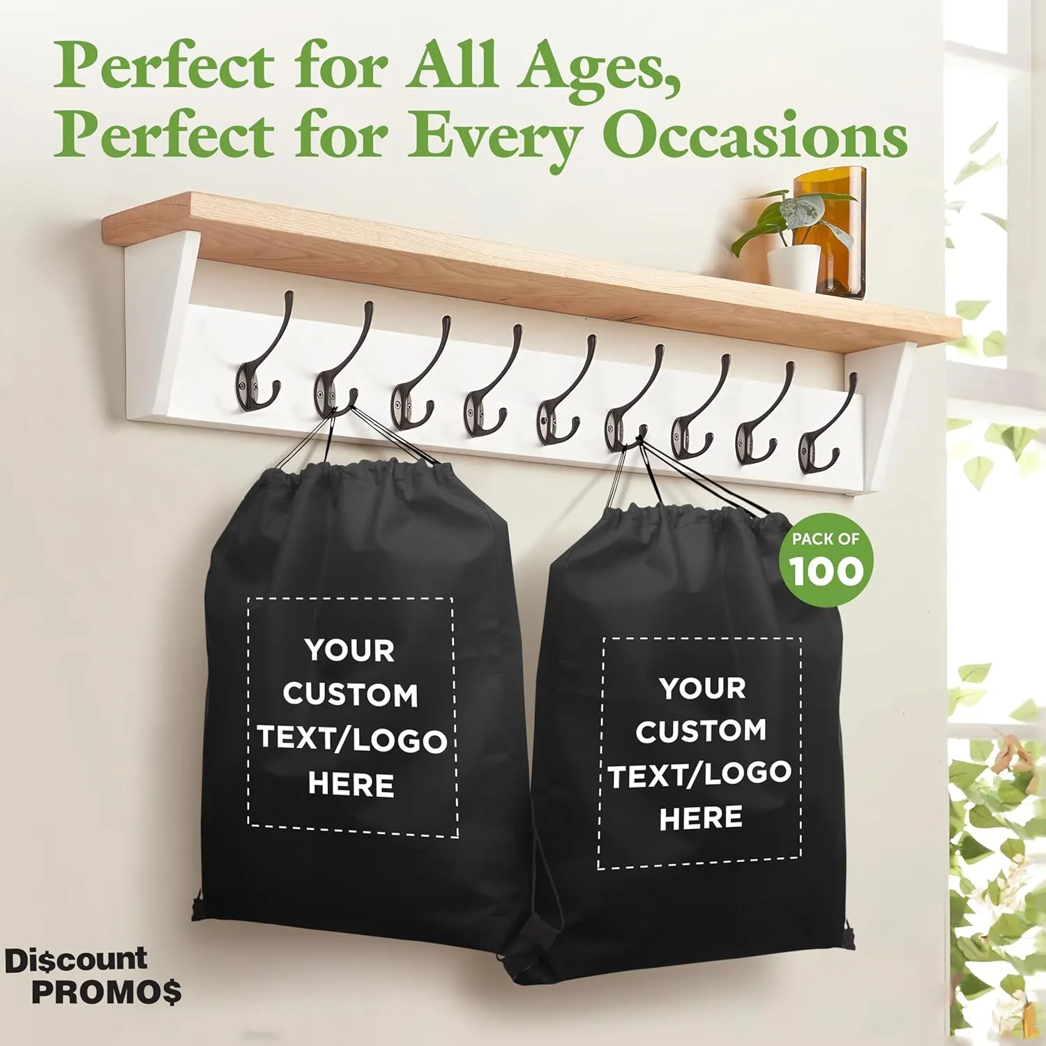 DISCOUNT PROMOS Custom Non-Woven Drawstring Backpacks Set of 100, Personalized Bulk Pack - Bring Everywhere You Go, Great for Travelling, Gym and for Everyday Use - Black