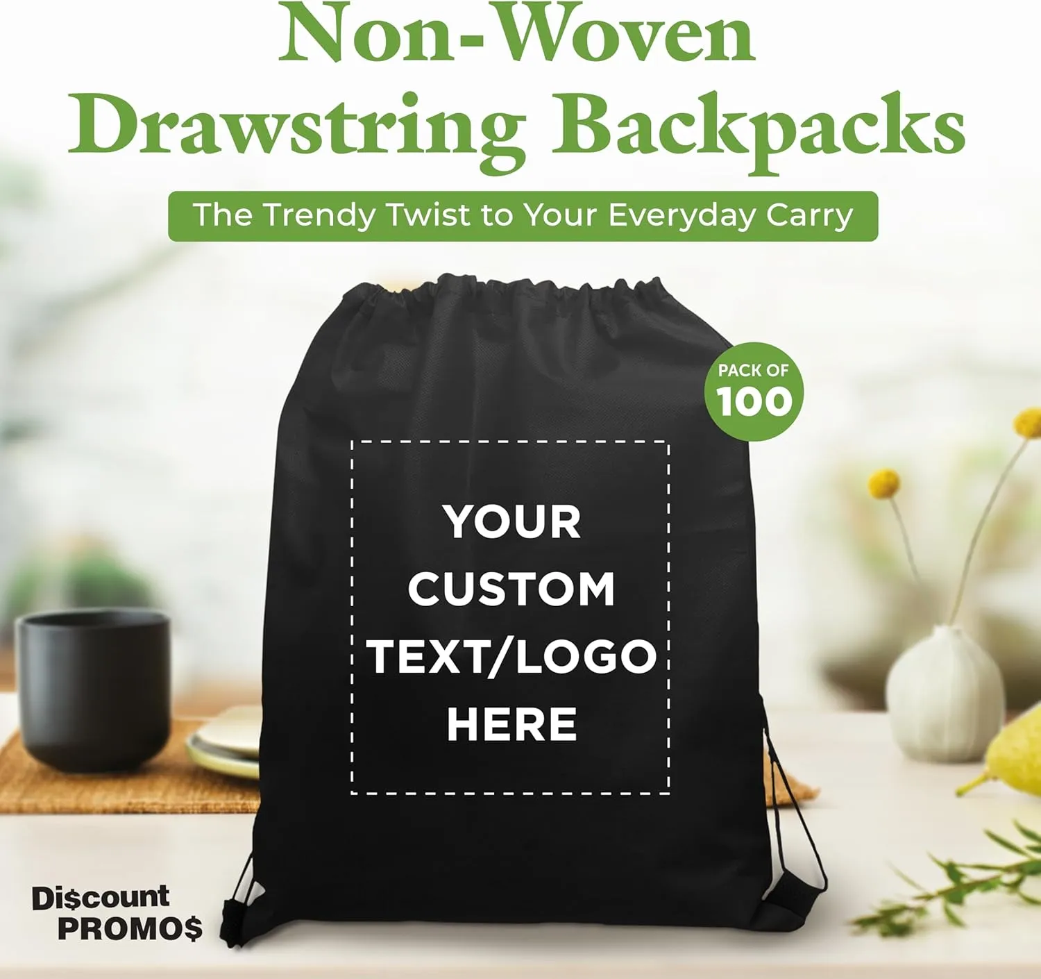DISCOUNT PROMOS Custom Non-Woven Drawstring Backpacks Set of 100, Personalized Bulk Pack - Bring Everywhere You Go, Great for Travelling, Gym and for Everyday Use - Black