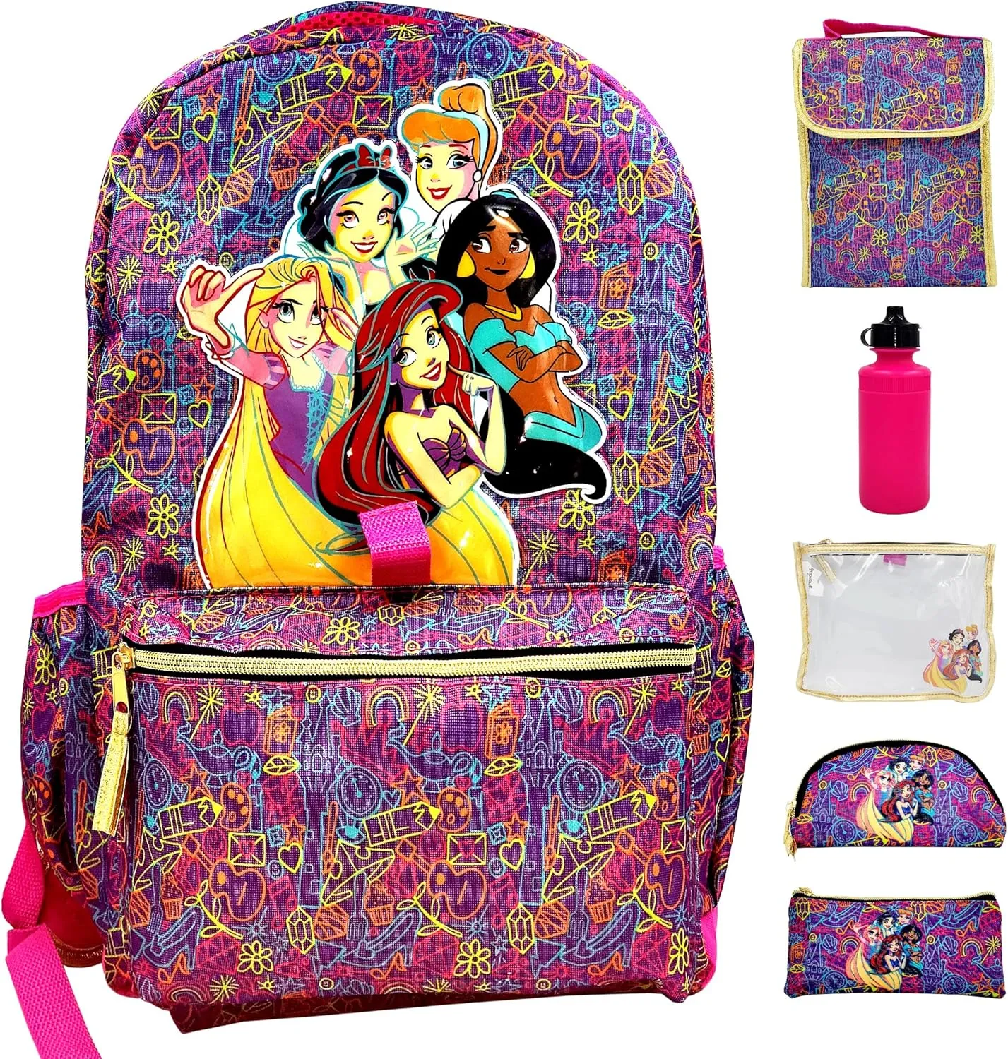 Disney Princess Backpack for Girls 16 inch - 6-Piece Set, Princess Bookbag with Lunch Box, Ideal for Back to School & Elementary Age Girls