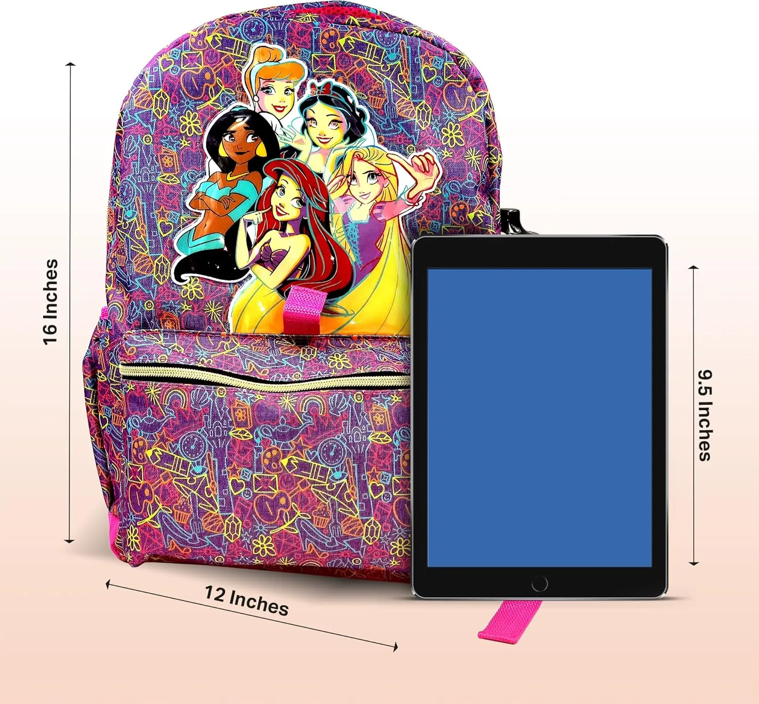 Disney Princess Backpack for Girls 16 inch - 6-Piece Set, Princess Bookbag with Lunch Box, Ideal for Back to School & Elementary Age Girls