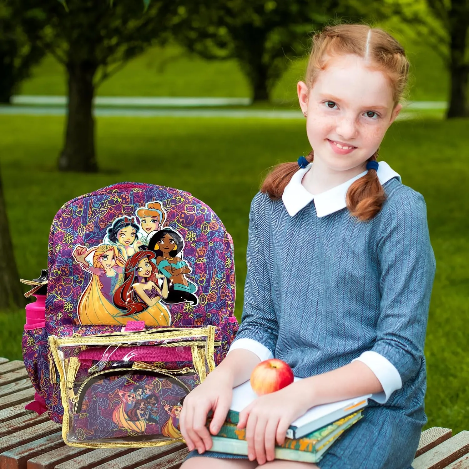 Disney Princess Backpack for Girls 16 inch - 6-Piece Set, Princess Bookbag with Lunch Box, Ideal for Back to School & Elementary Age Girls