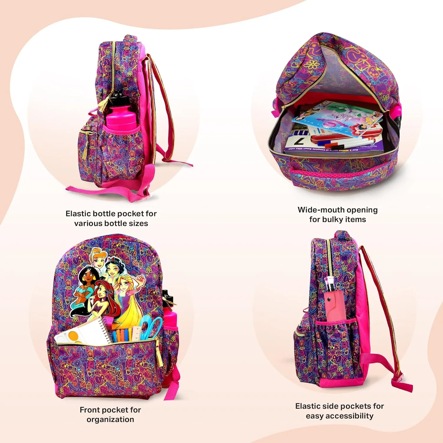 Disney Princess Backpack for Girls 16 inch - 6-Piece Set, Princess Bookbag with Lunch Box, Ideal for Back to School & Elementary Age Girls