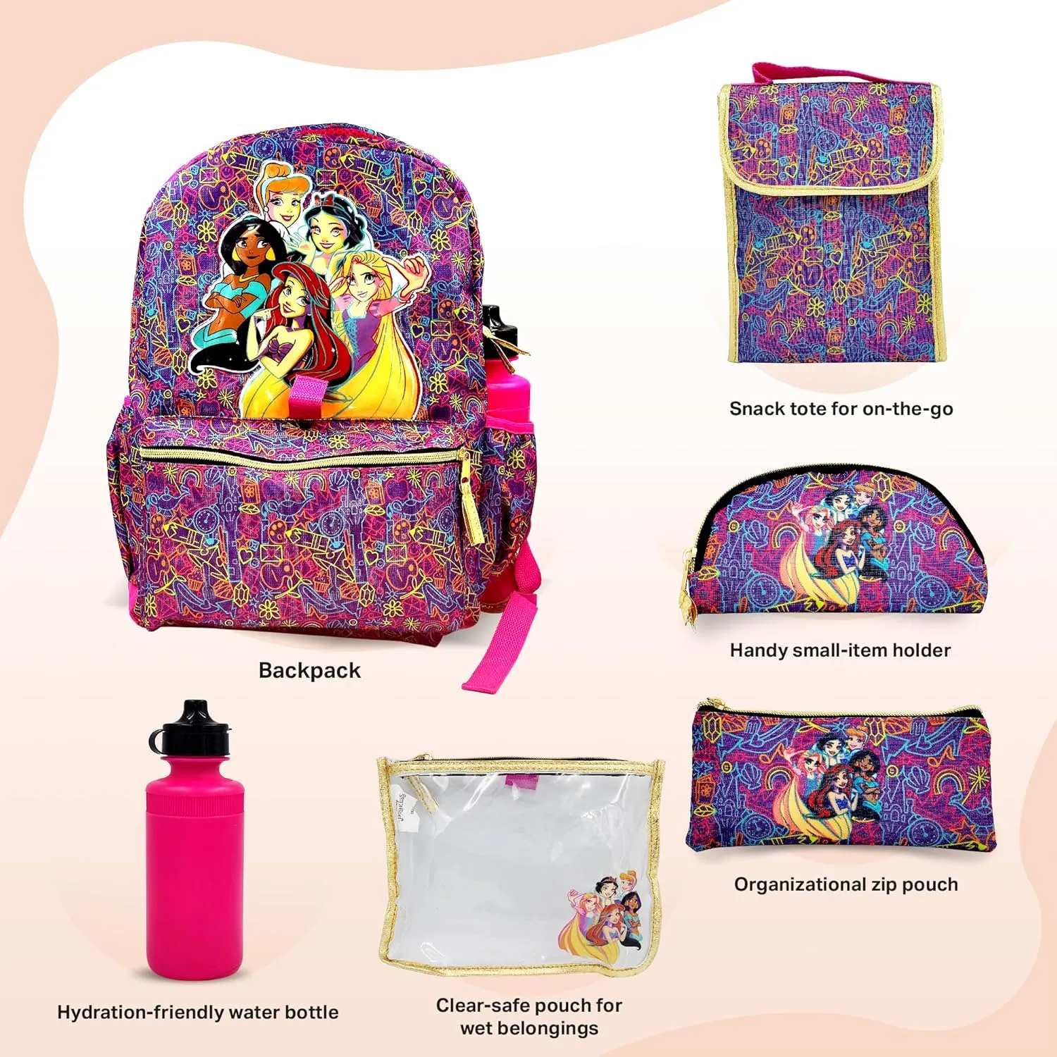 Disney Princess Backpack for Girls 16 inch - 6-Piece Set, Princess Bookbag with Lunch Box, Ideal for Back to School & Elementary Age Girls