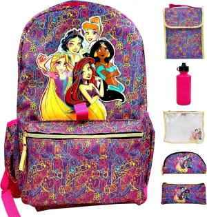 Disney Princess Backpack for Girls 16 inch - 6-Piece Set, Princess Bookbag with Lunch Box, Ideal for Back to School & Elementary Age Girls
